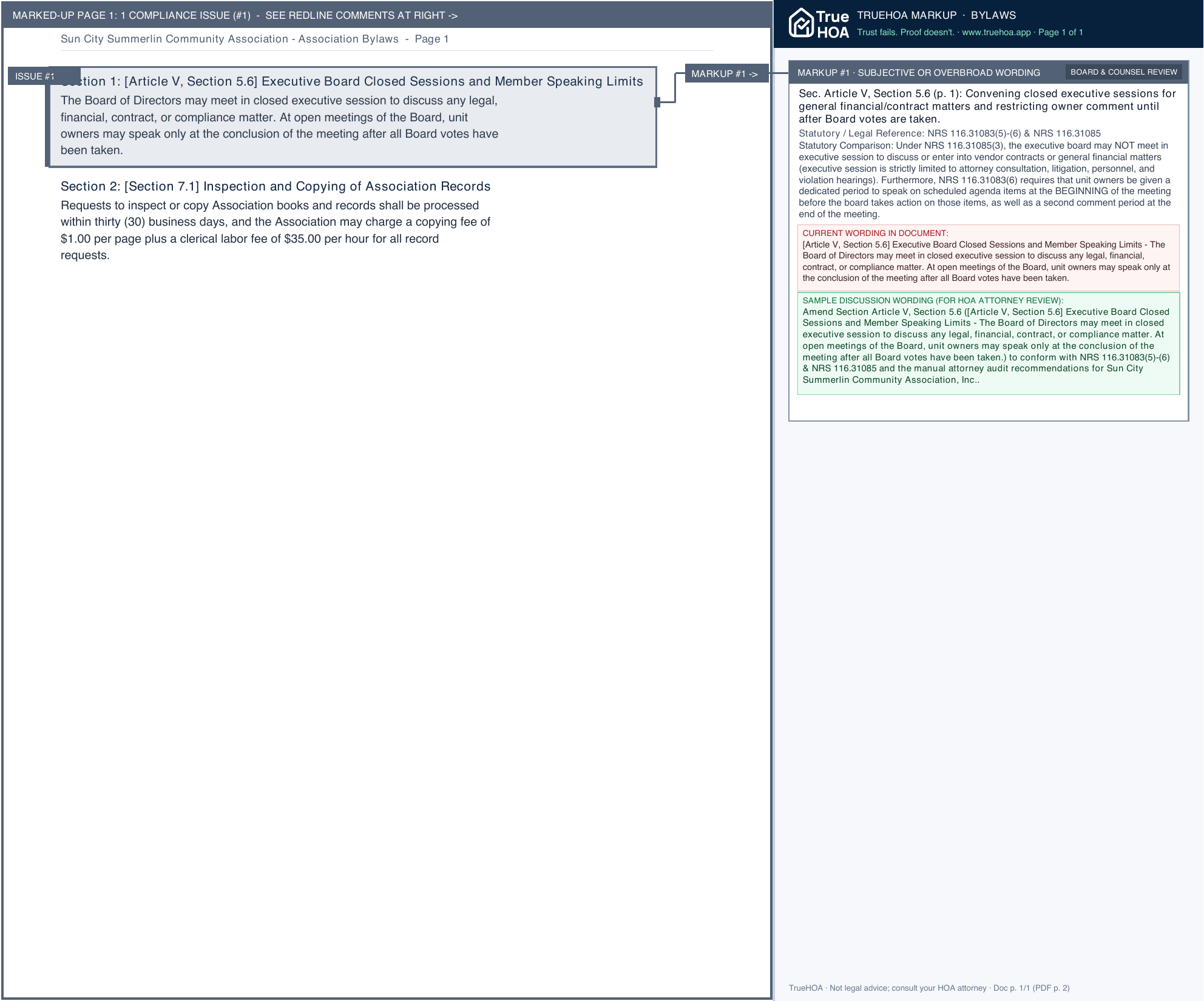 Sun City Summerlin Community Association Association Bylaws page 1 widened with TrueHOA Crystal AI margin annotations