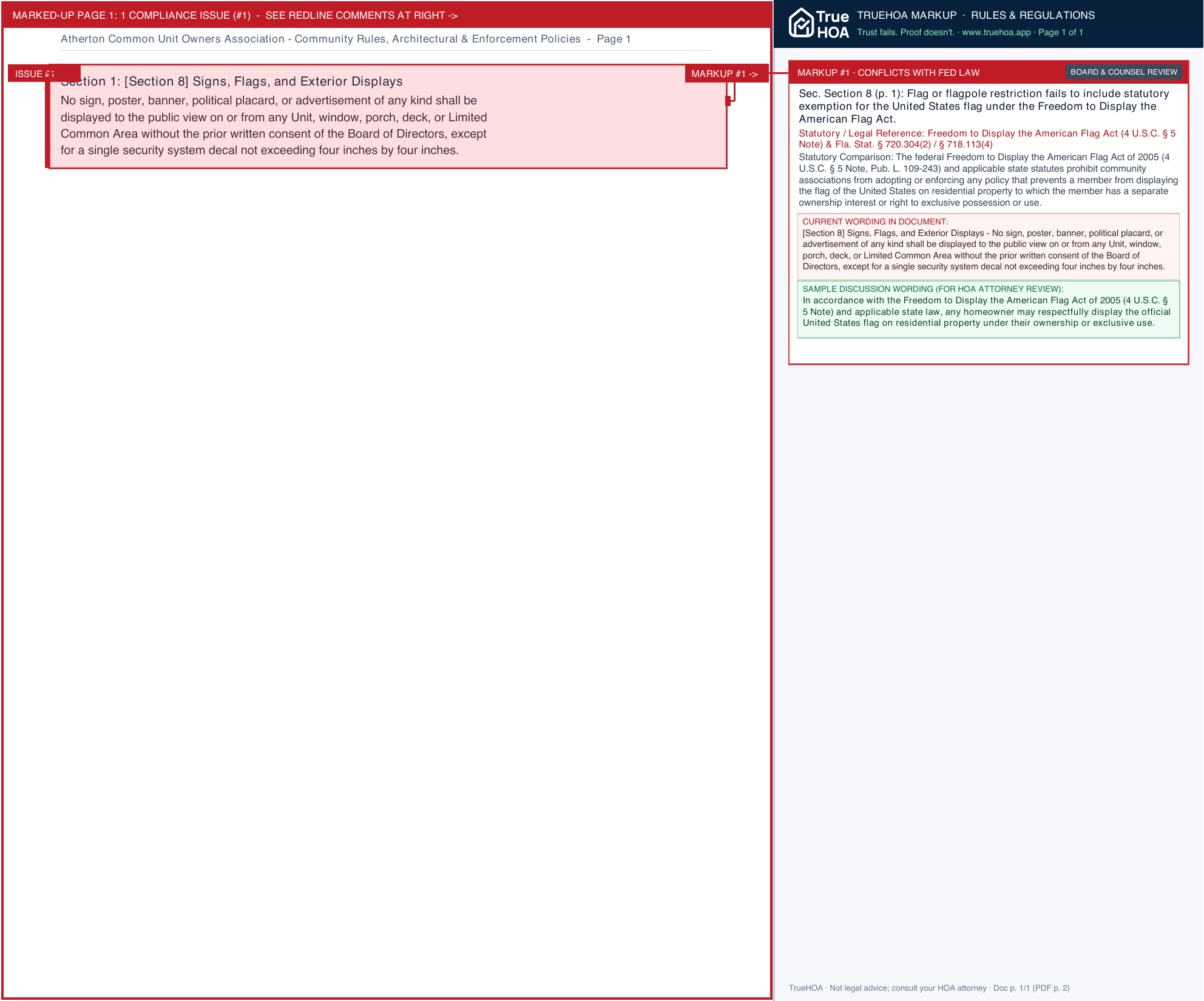 Atherton Common Unit Owners Association Community Rules, Architectural & Enforcement Policies page 1 widened with TrueHOA Crystal AI margin annotations