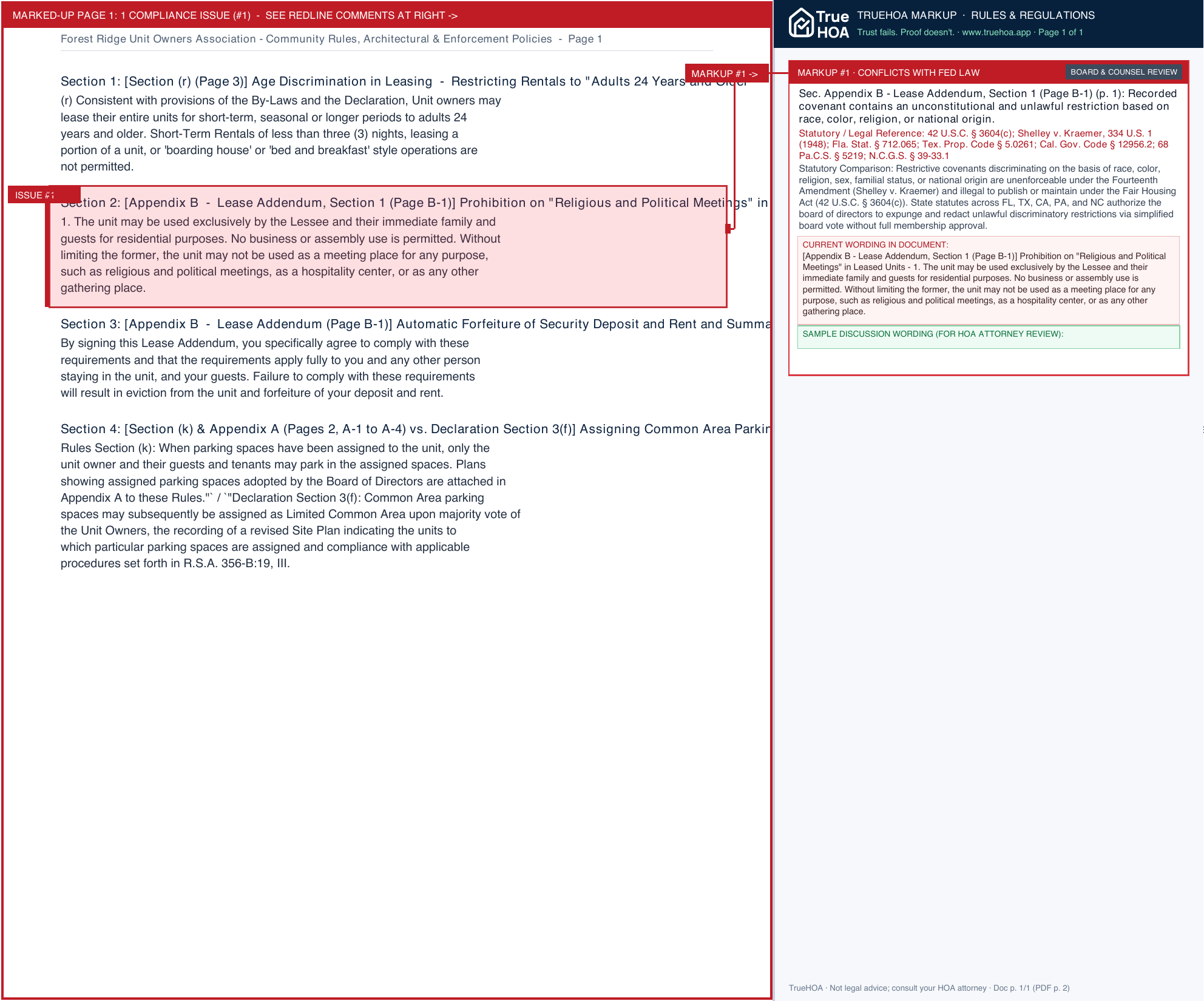 Forest Ridge Unit Owners Association Community Rules, Architectural & Enforcement Policies page 1 widened with TrueHOA Crystal AI margin annotations