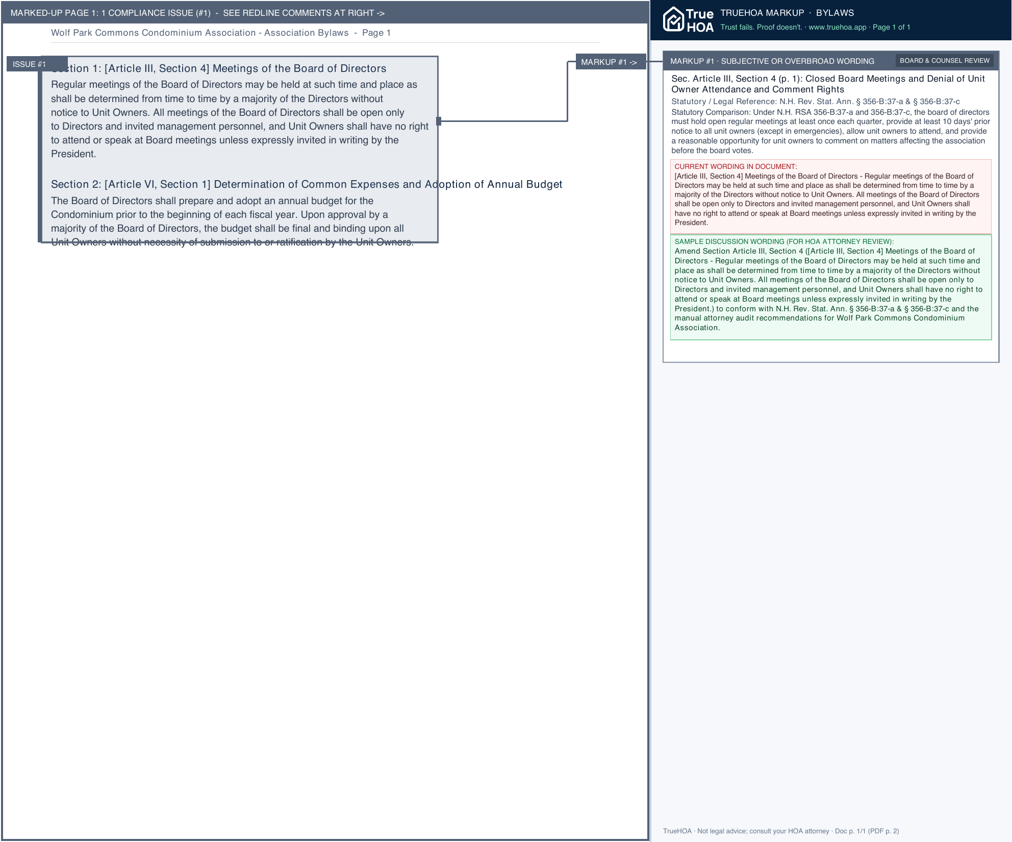 Wolf Park Commons Condominium Association Association Bylaws page 1 widened with TrueHOA Crystal AI margin annotations