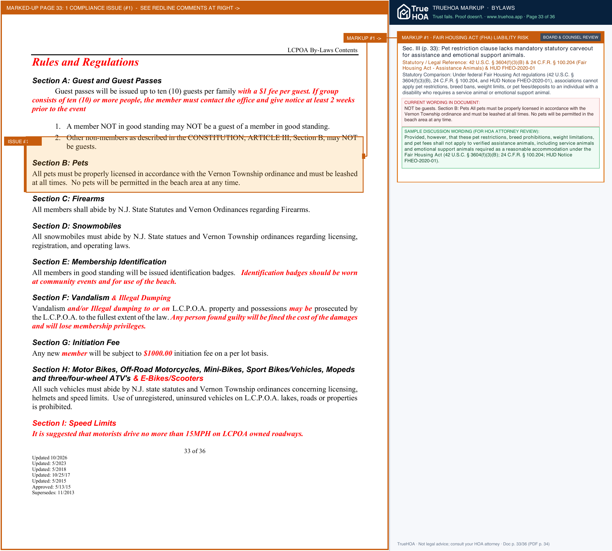 Barry Lakes Lake Community POA 2026 Barry Lakes Proposed Bylaw Amendments page 33 widened with TrueHOA Crystal AI margin annotations