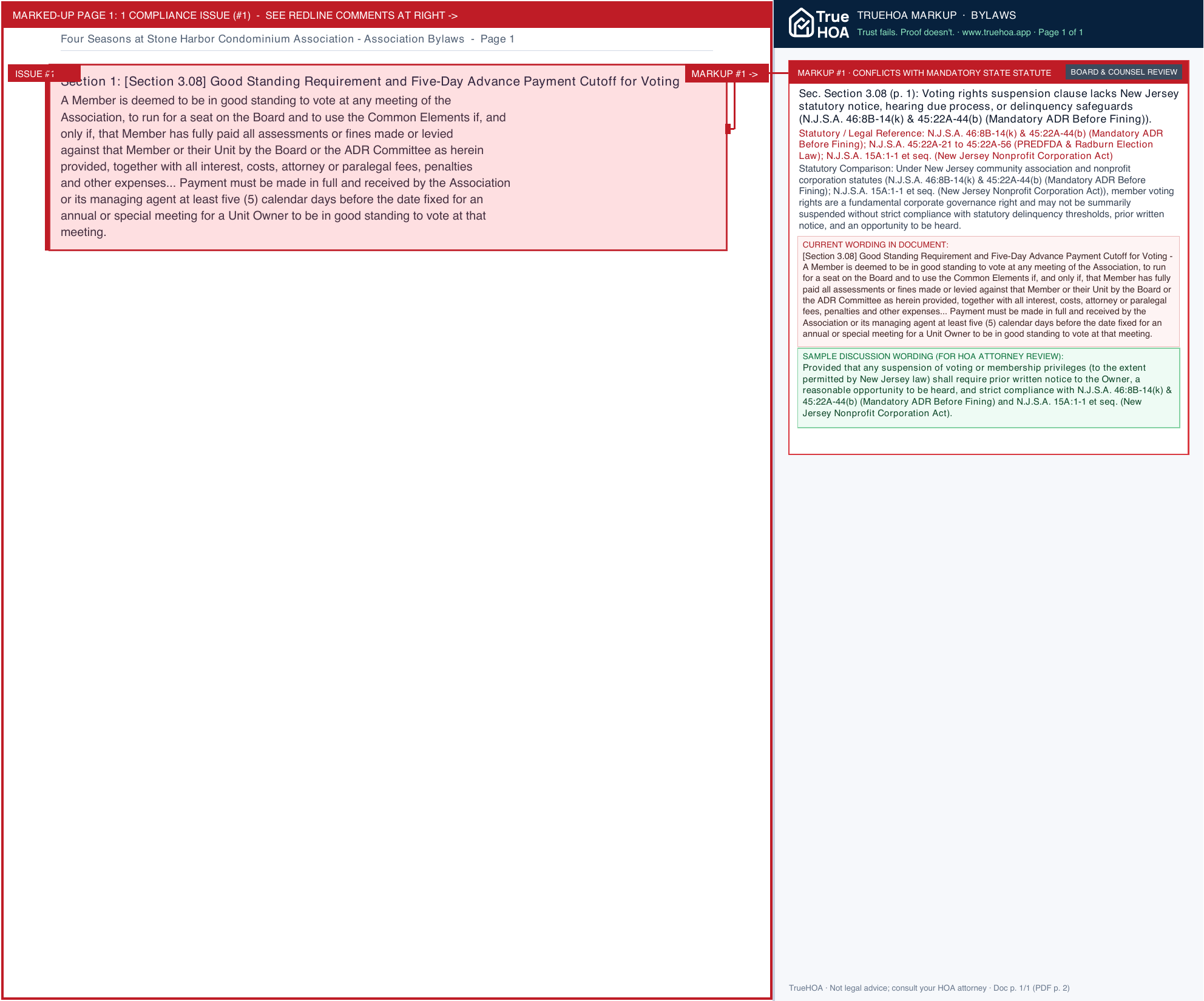 Four Seasons at Stone Harbor Condominium Association Association Bylaws page 1 widened with TrueHOA Crystal AI margin annotations
