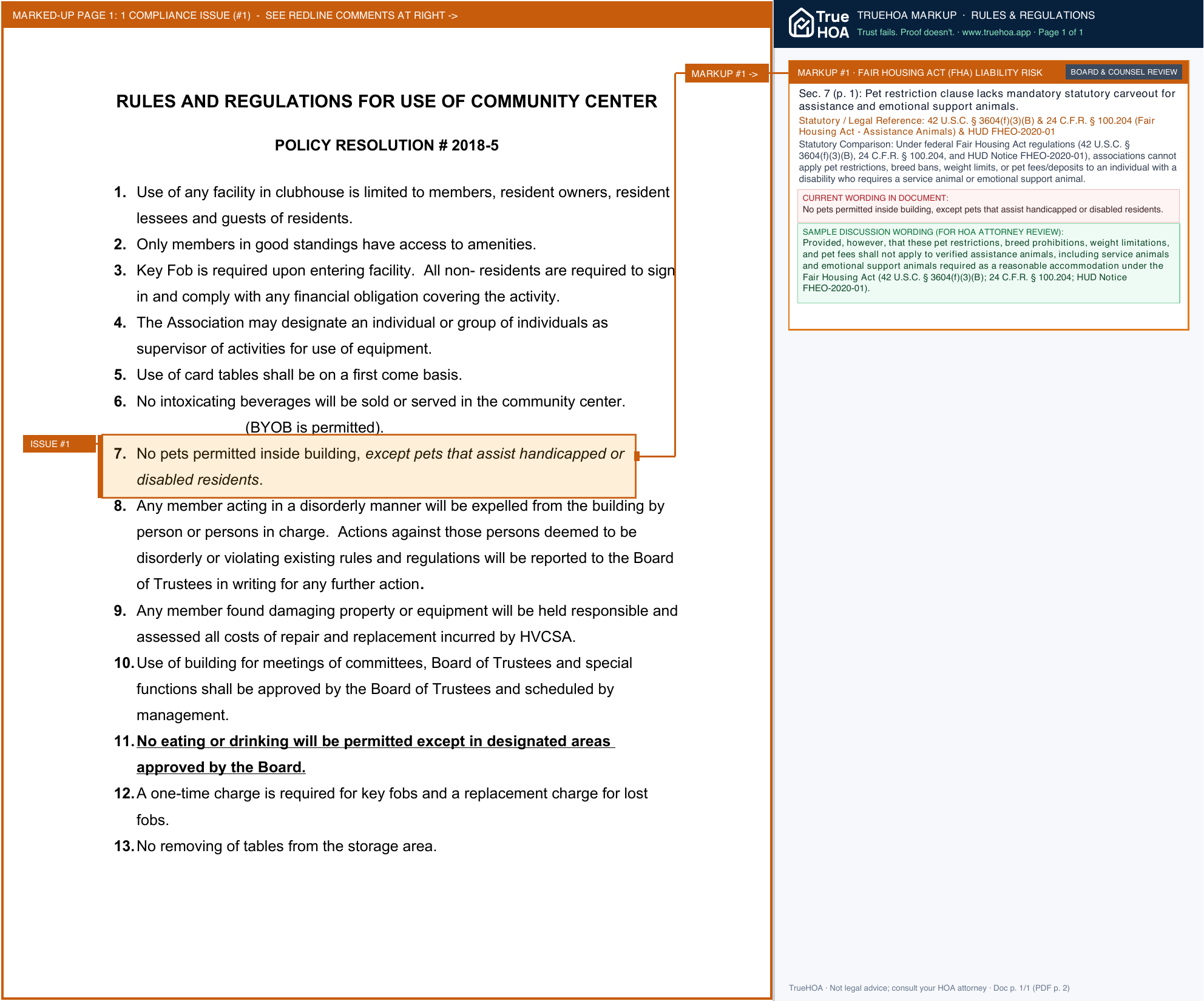 Holiday Village Community Services Association RULES AND REGULATIONS FOR USE OF COMMUNITY CENTER82508 page 1 widened with TrueHOA Crystal AI margin annotations