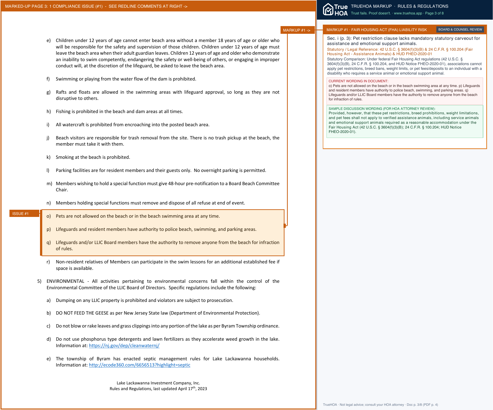 Lake Lackawanna Investment CO. 2023 04 17 Rules and Regulations page 3 widened with TrueHOA Crystal AI margin annotations