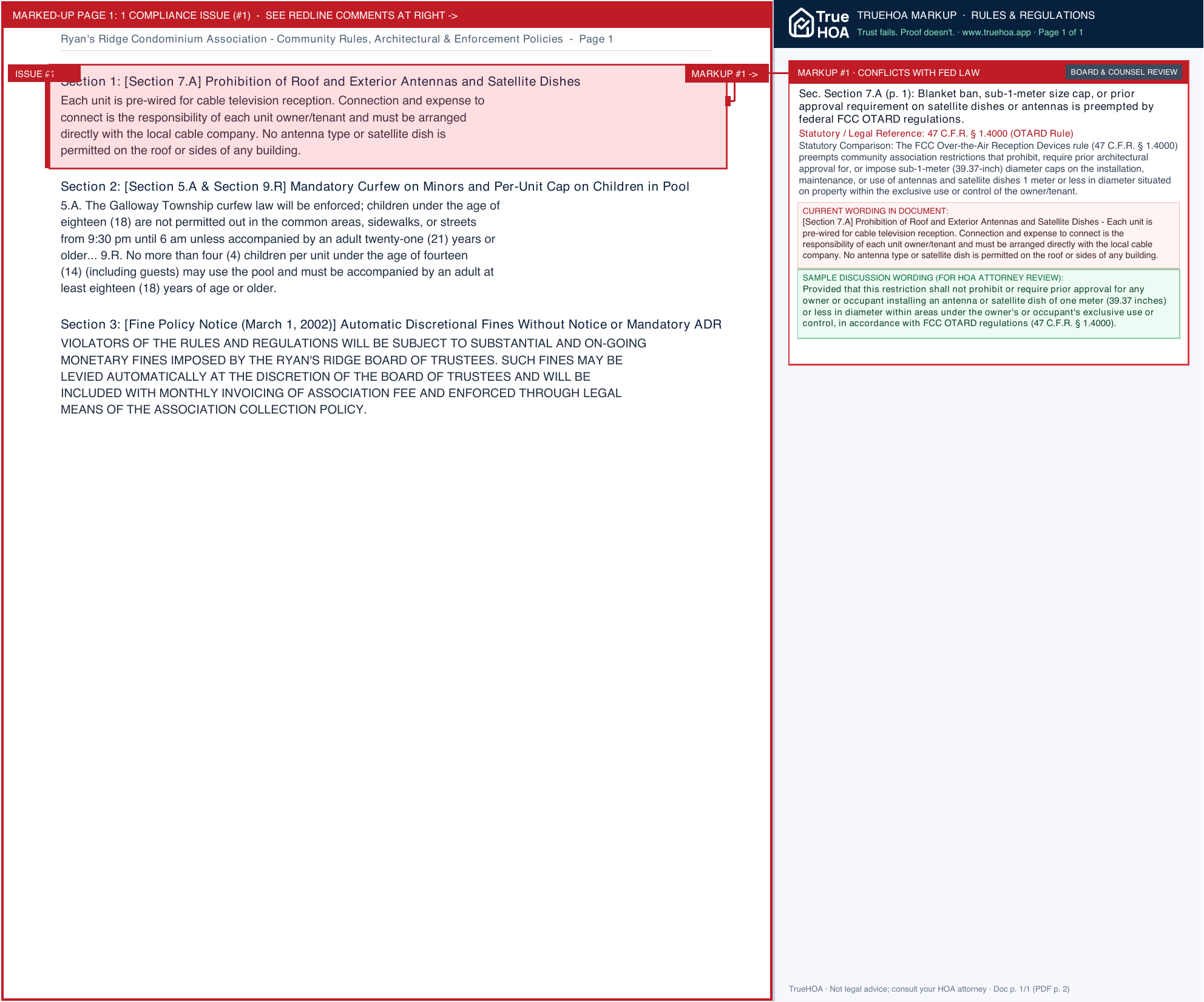 Ryan's Ridge Condominium Association Community Rules, Architectural & Enforcement Policies page 1 widened with TrueHOA Crystal AI margin annotations