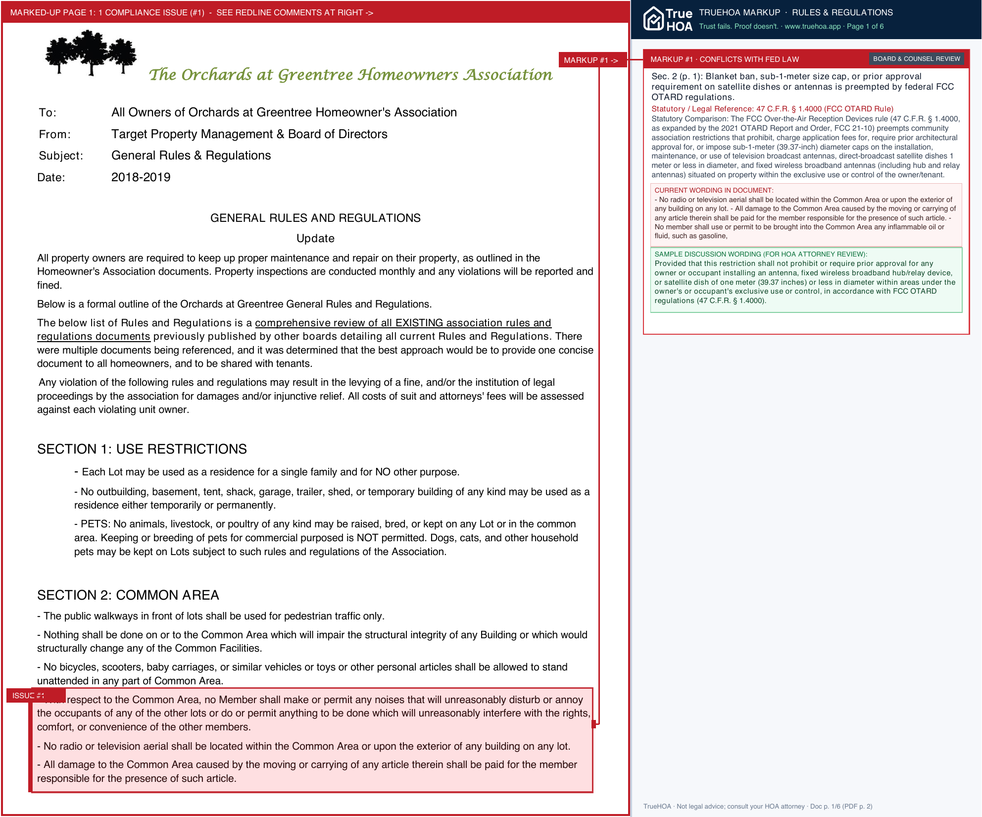 The Orchards at Greentree HOA ORC General Rules and Regs REV 06.2019 page 1 widened with TrueHOA Crystal AI margin annotations