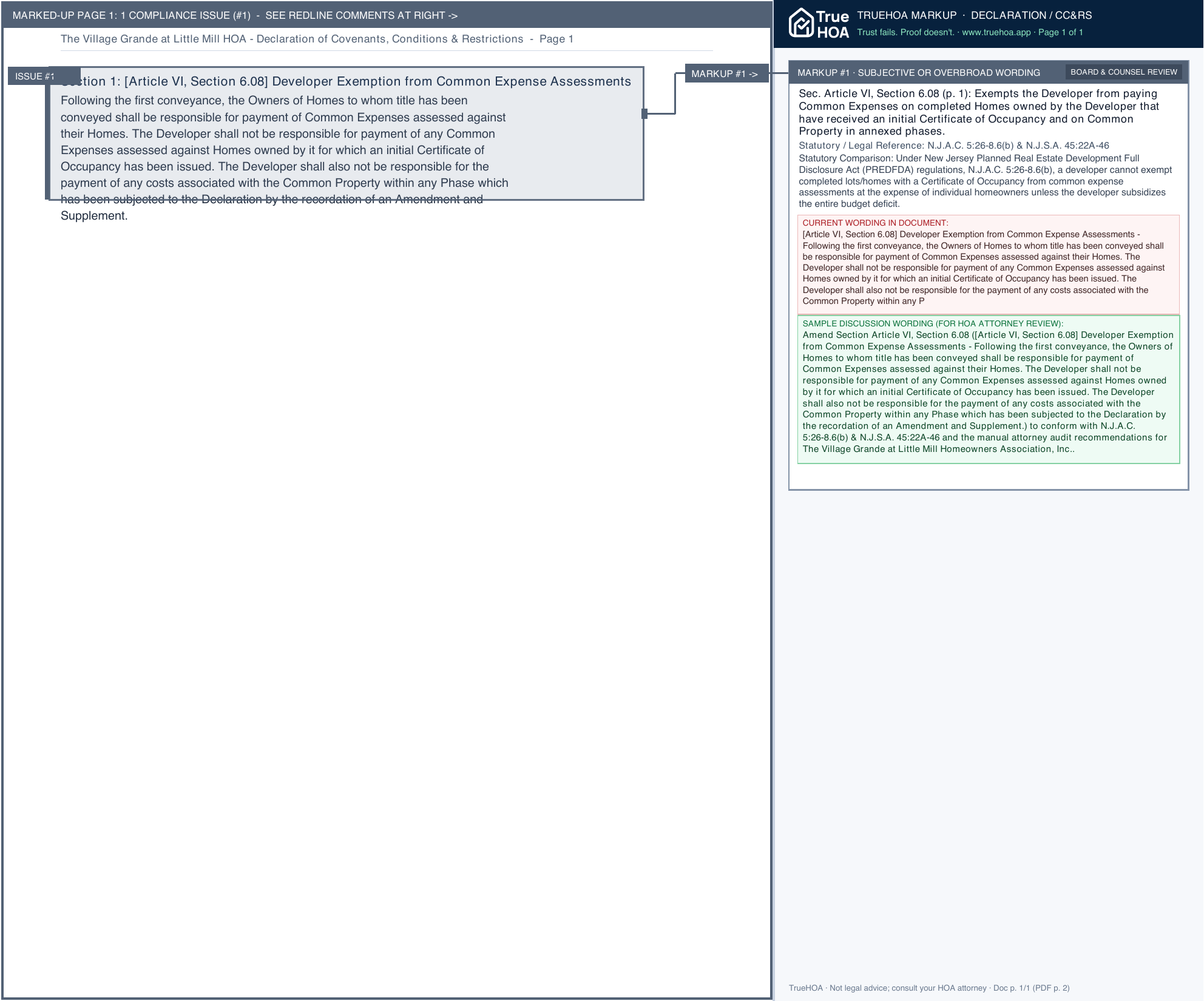 The Village Grande at Little Mill HOA Declaration of Covenants, Conditions & Restrictions page 1 widened with TrueHOA Crystal AI margin annotations