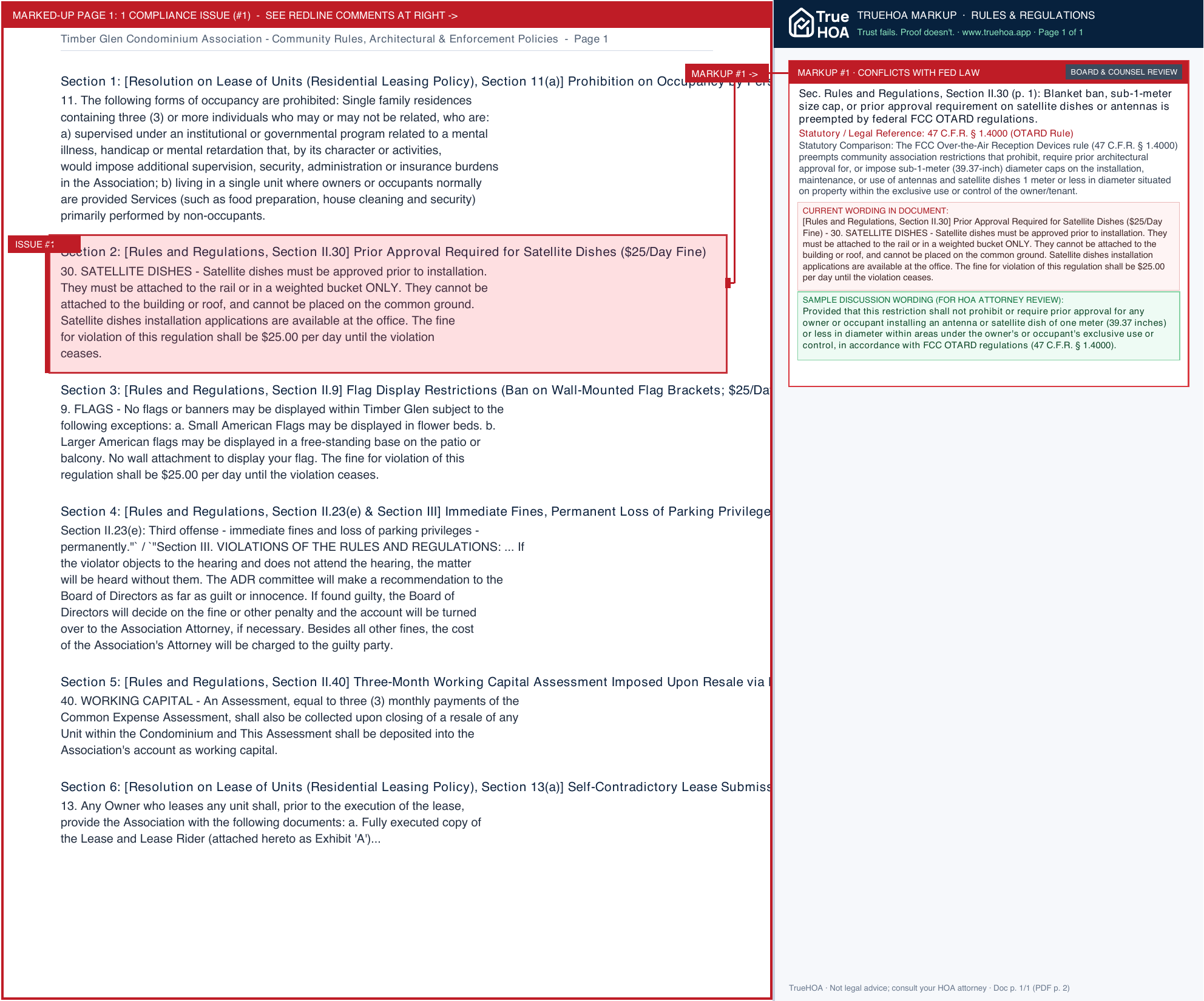 Timber Glen Condominium Association Community Rules, Architectural & Enforcement Policies page 1 widened with TrueHOA Crystal AI margin annotations