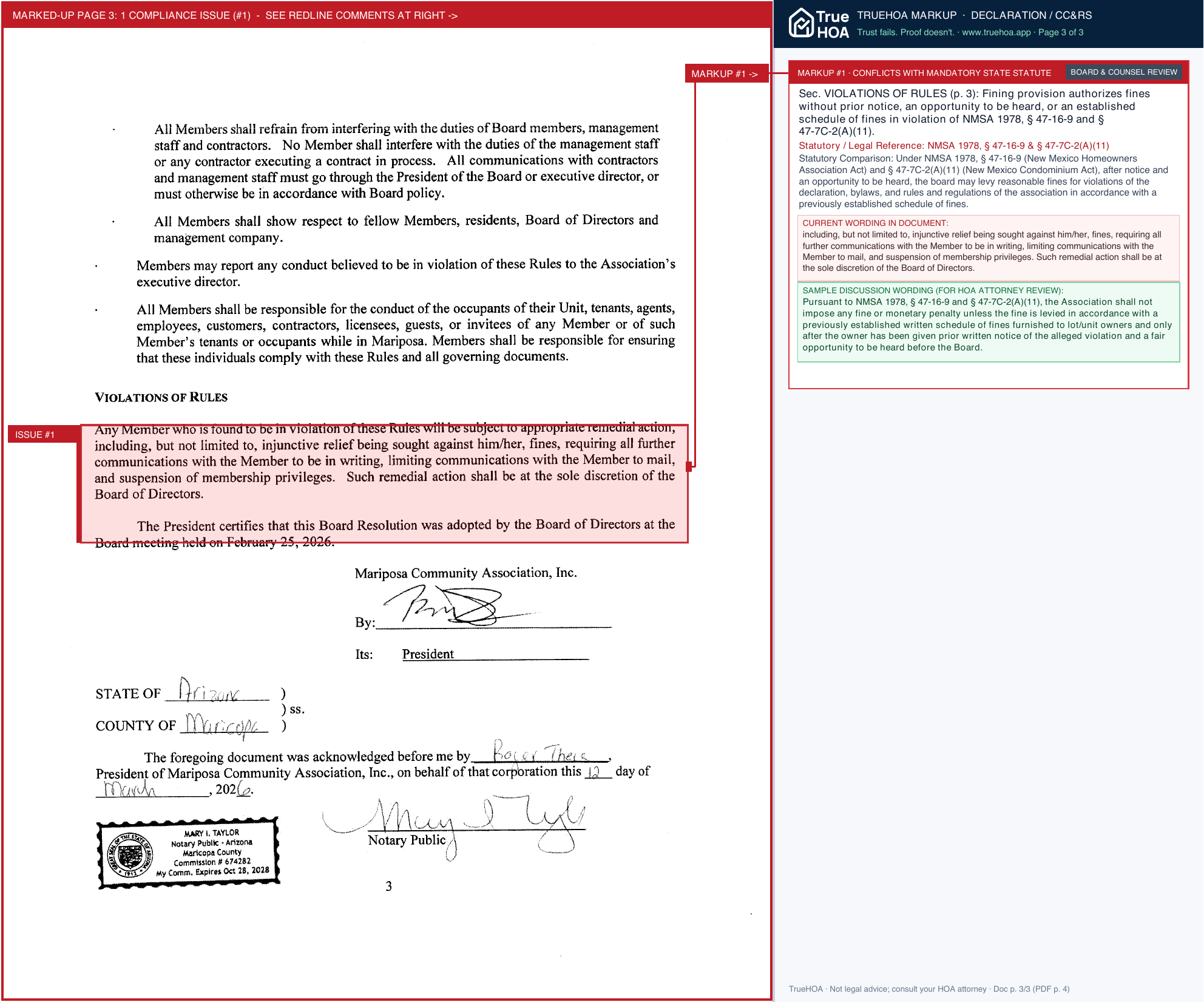 Mariposa Community Association 2026.02.25 Amendment to the Rules Regarding Improper Treatment of Owners Residents Employees and Contractors page 3 widened with TrueHOA Crystal AI margin annotations