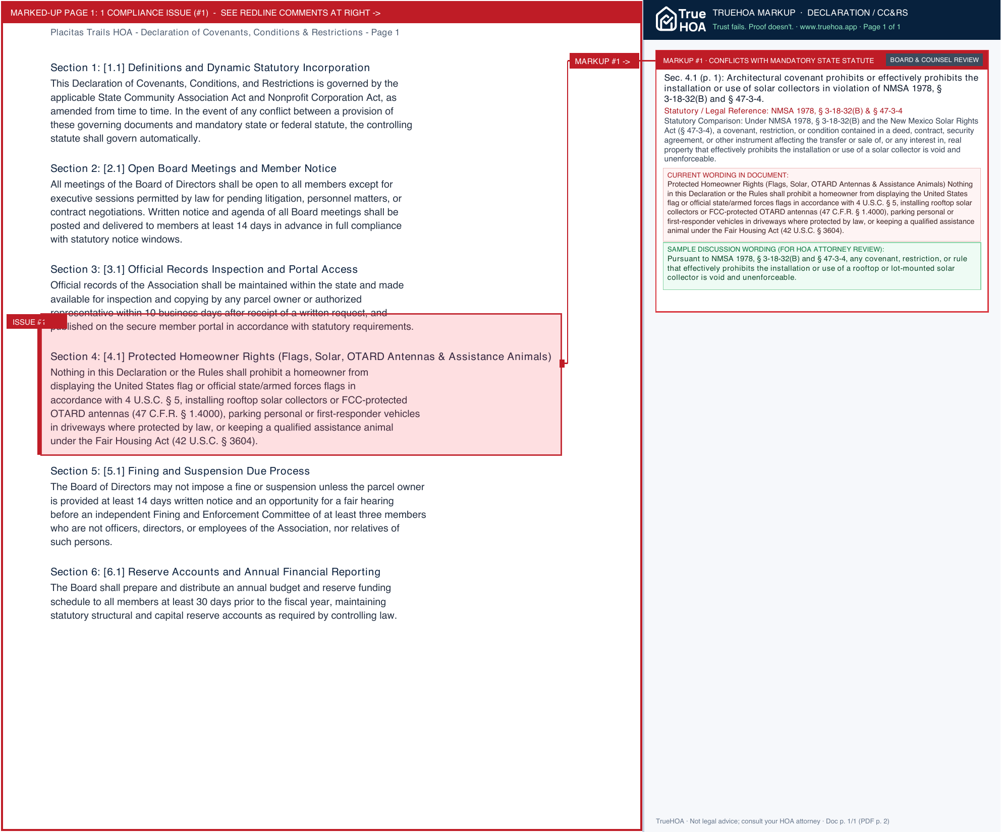 Placitas Trails HOA Declaration of Covenants, Conditions & Restrictions page 1 widened with TrueHOA Crystal AI margin annotations