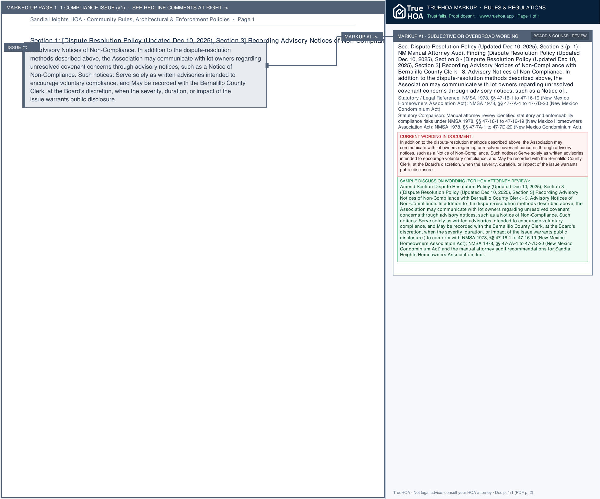 Sandia Heights HOA Community Rules, Architectural & Enforcement Policies page 1 widened with TrueHOA Crystal AI margin annotations