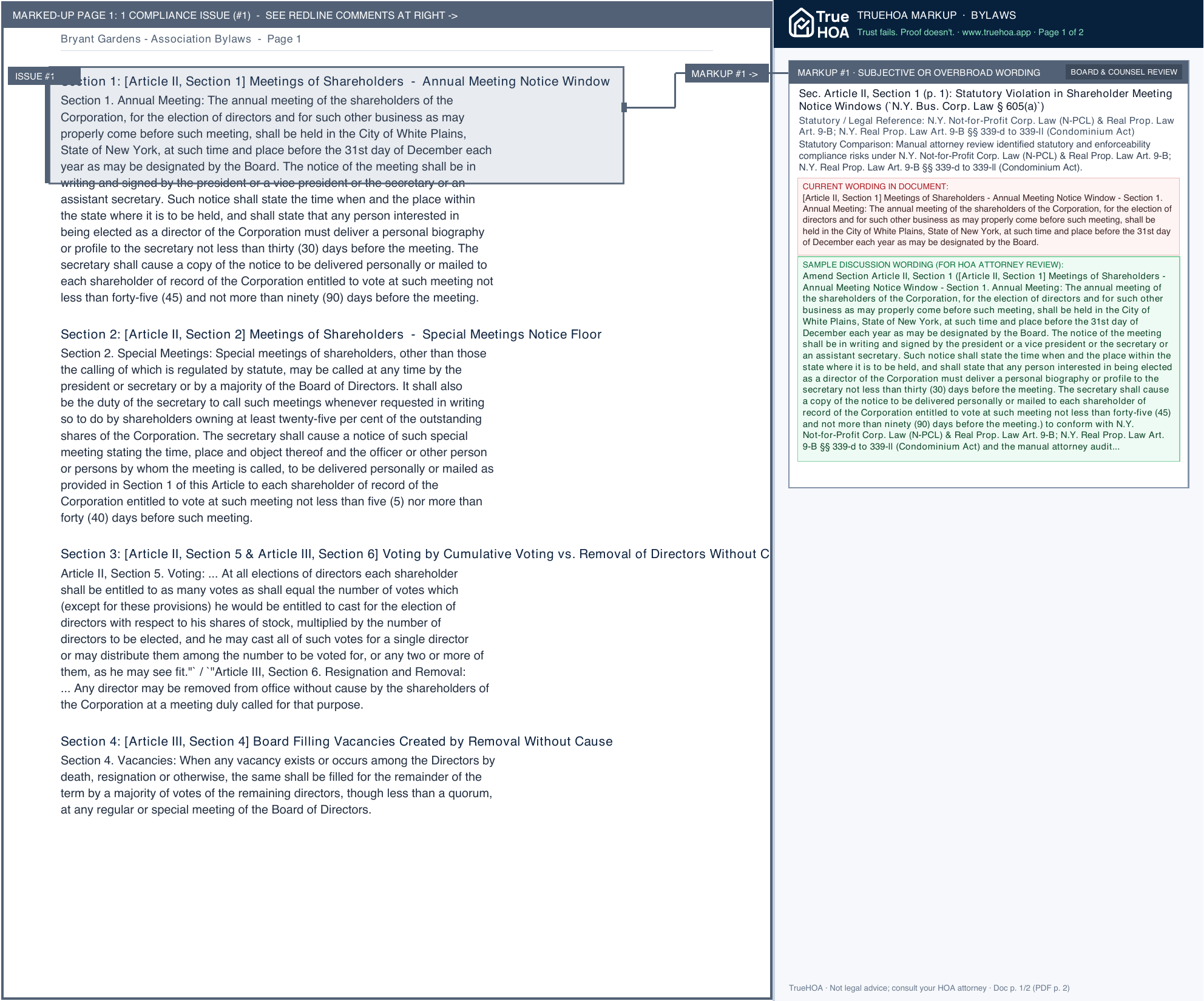Bryant Gardens Association Bylaws page 1 widened with TrueHOA Crystal AI margin annotations
