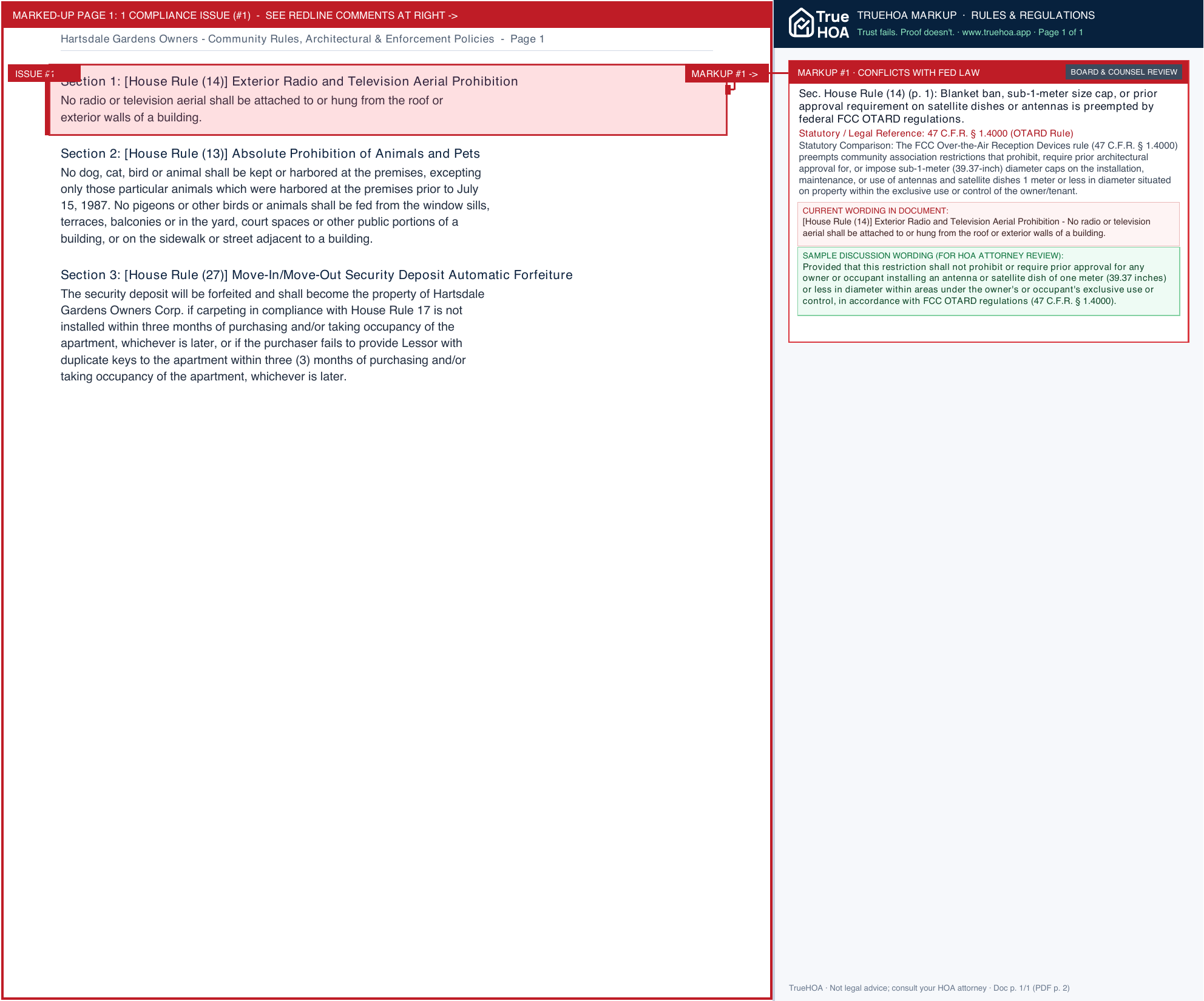 Hartsdale Gardens Owners Community Rules, Architectural & Enforcement Policies page 1 widened with TrueHOA Crystal AI margin annotations