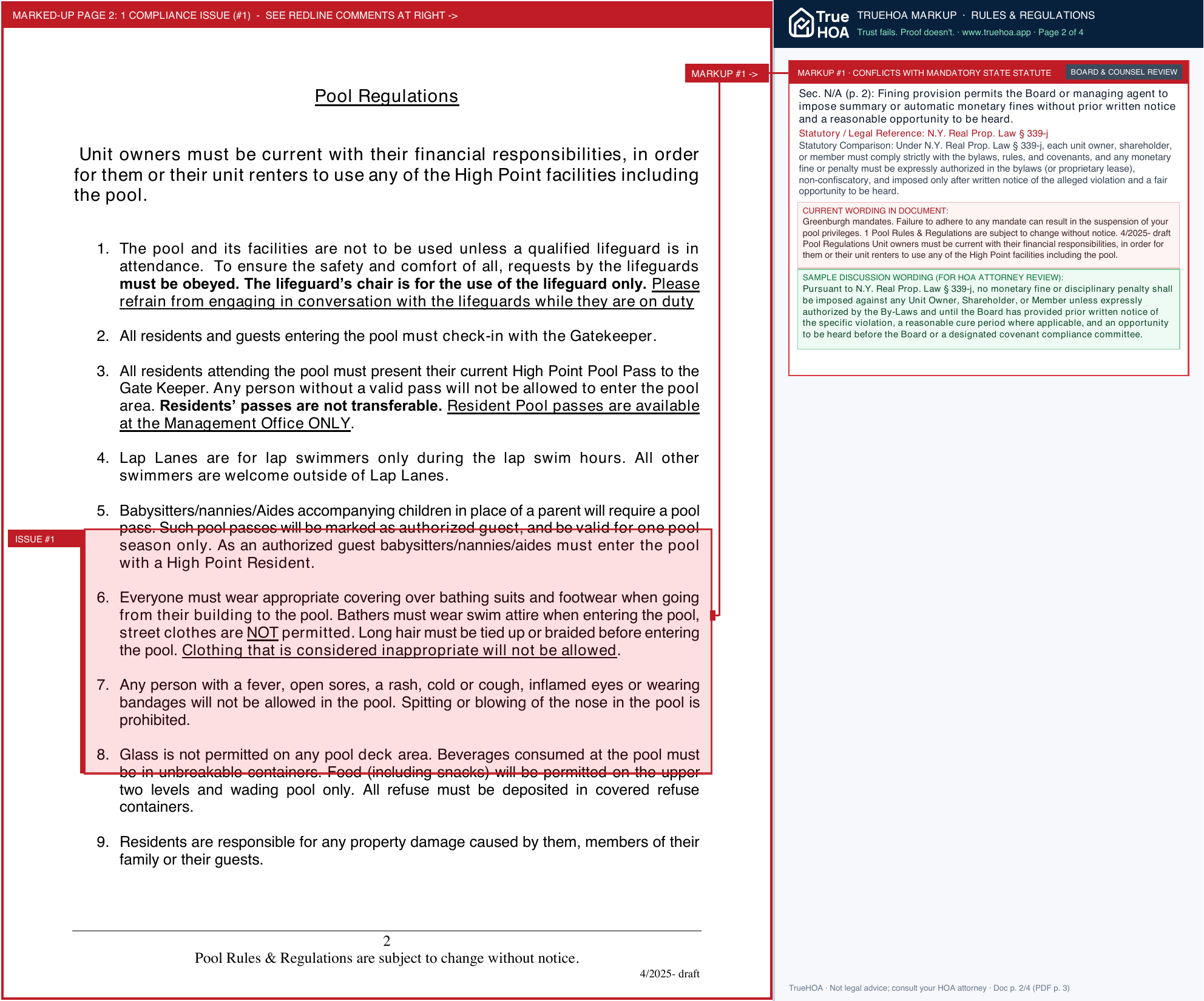 High Point of Hartsdale Condominium 2026 Pool Rules page 2 widened with TrueHOA Crystal AI margin annotations