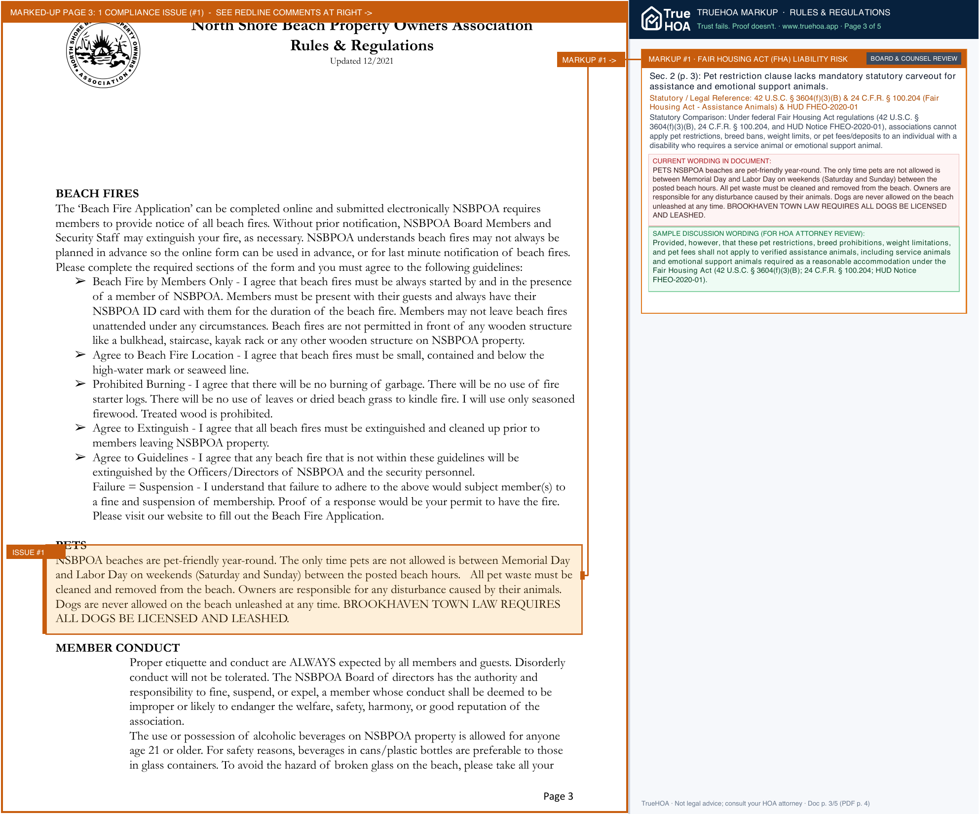 North Shore Beach POA Rules, Regulations & Community Standards page 3 widened with TrueHOA Crystal AI margin annotations