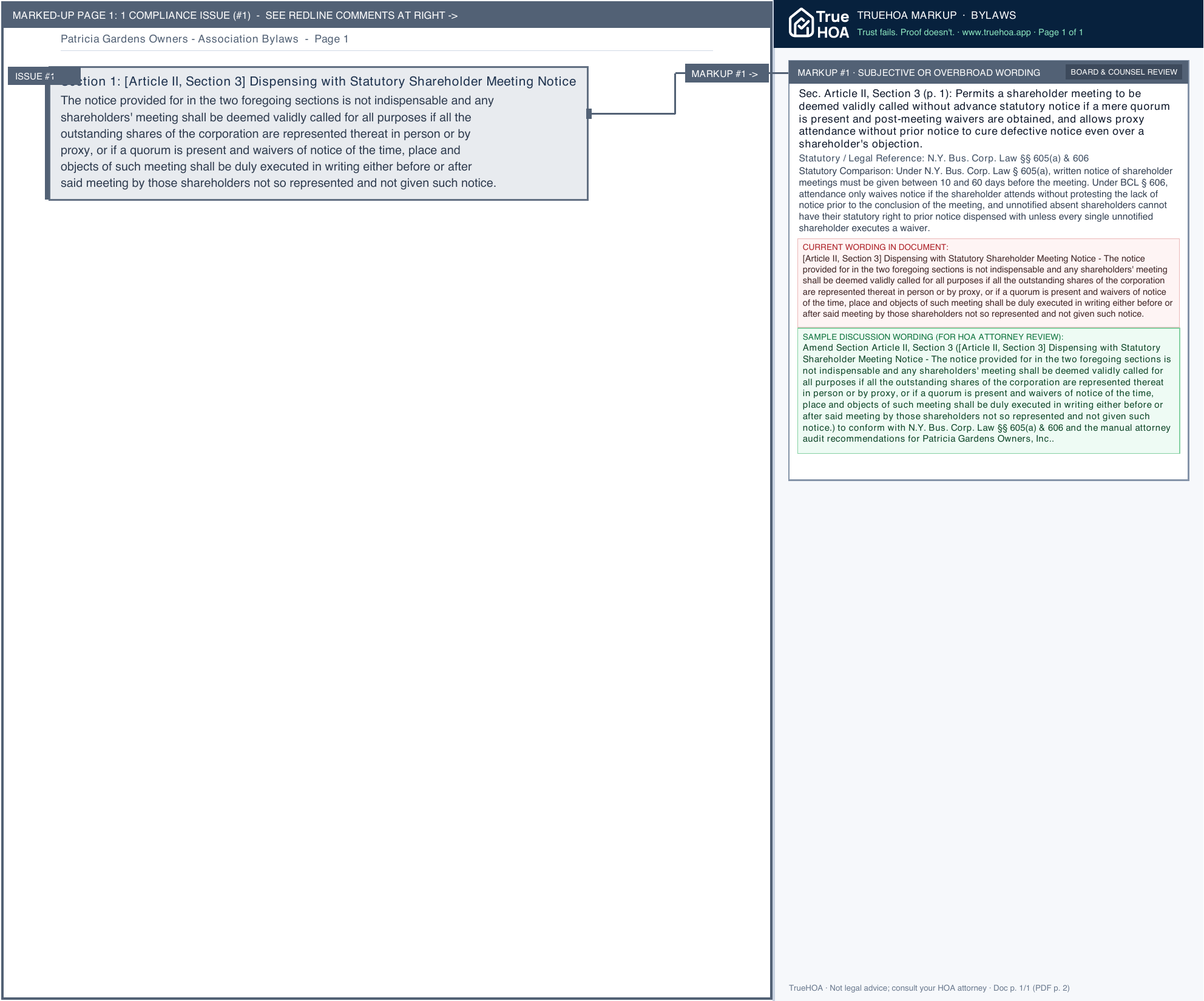 Patricia Gardens Owners Association Bylaws page 1 widened with TrueHOA Crystal AI margin annotations