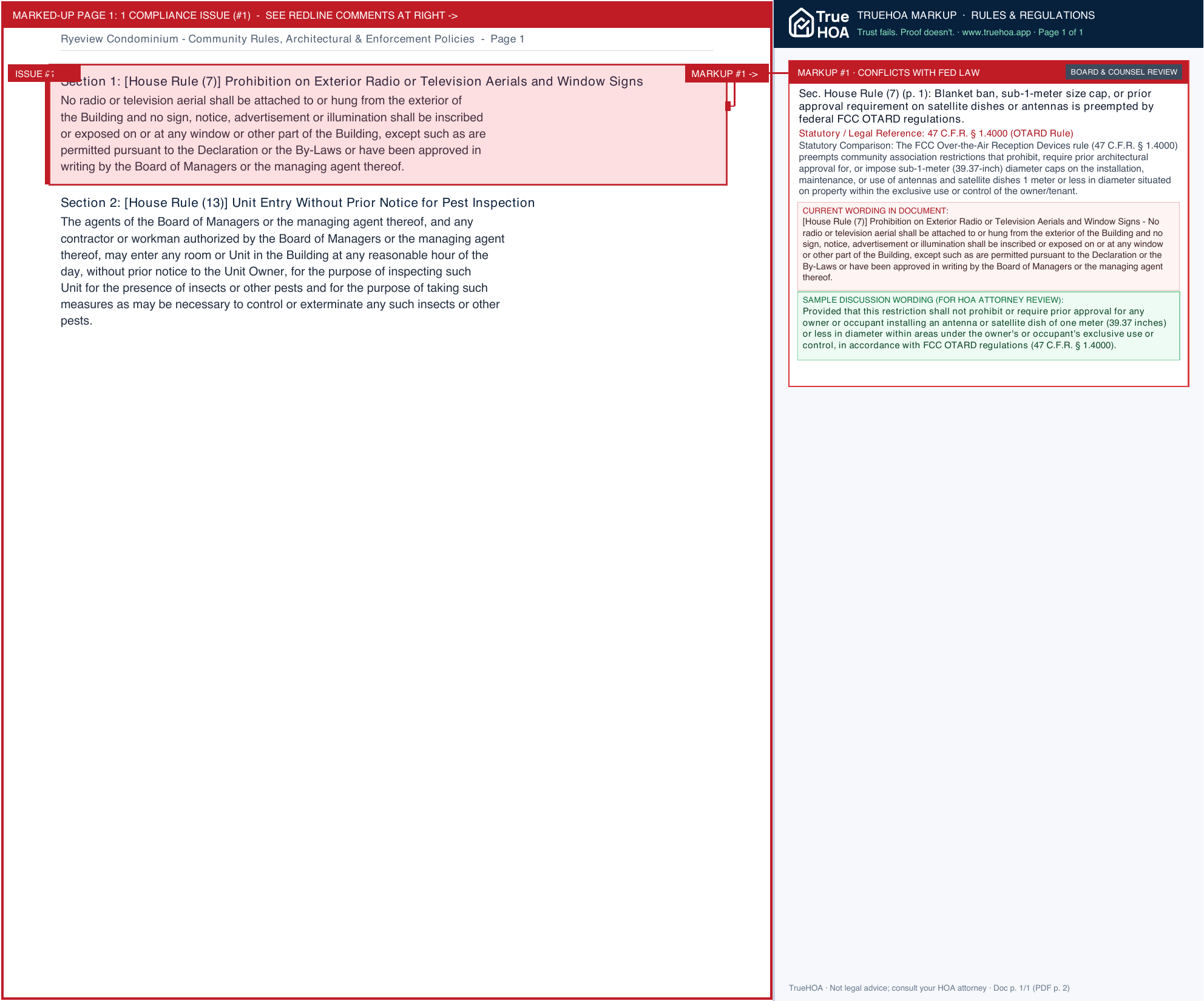 Ryeview Condominium Community Rules, Architectural & Enforcement Policies page 1 widened with TrueHOA Crystal AI margin annotations