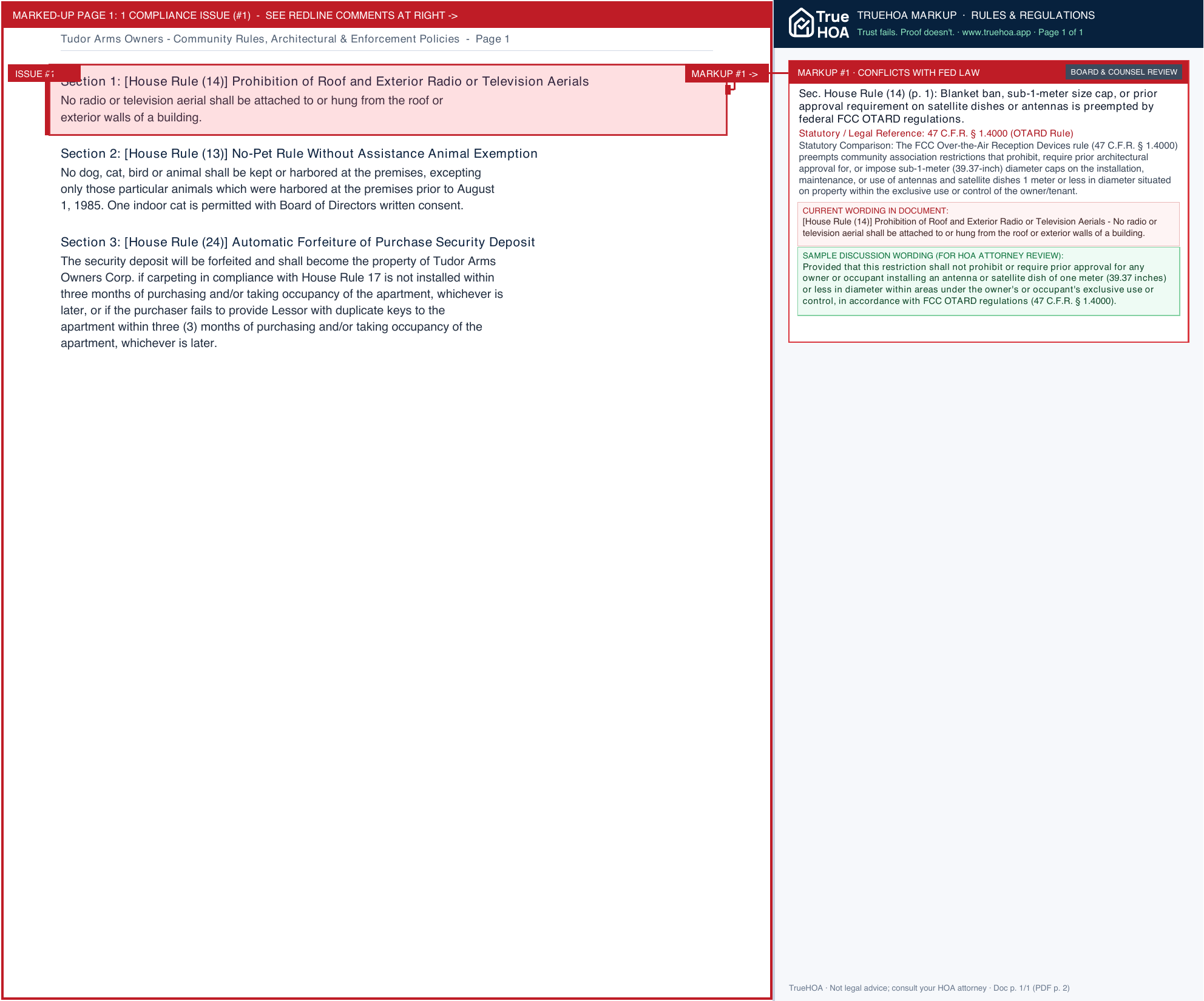 Tudor Arms Owners Community Rules, Architectural & Enforcement Policies page 1 widened with TrueHOA Crystal AI margin annotations