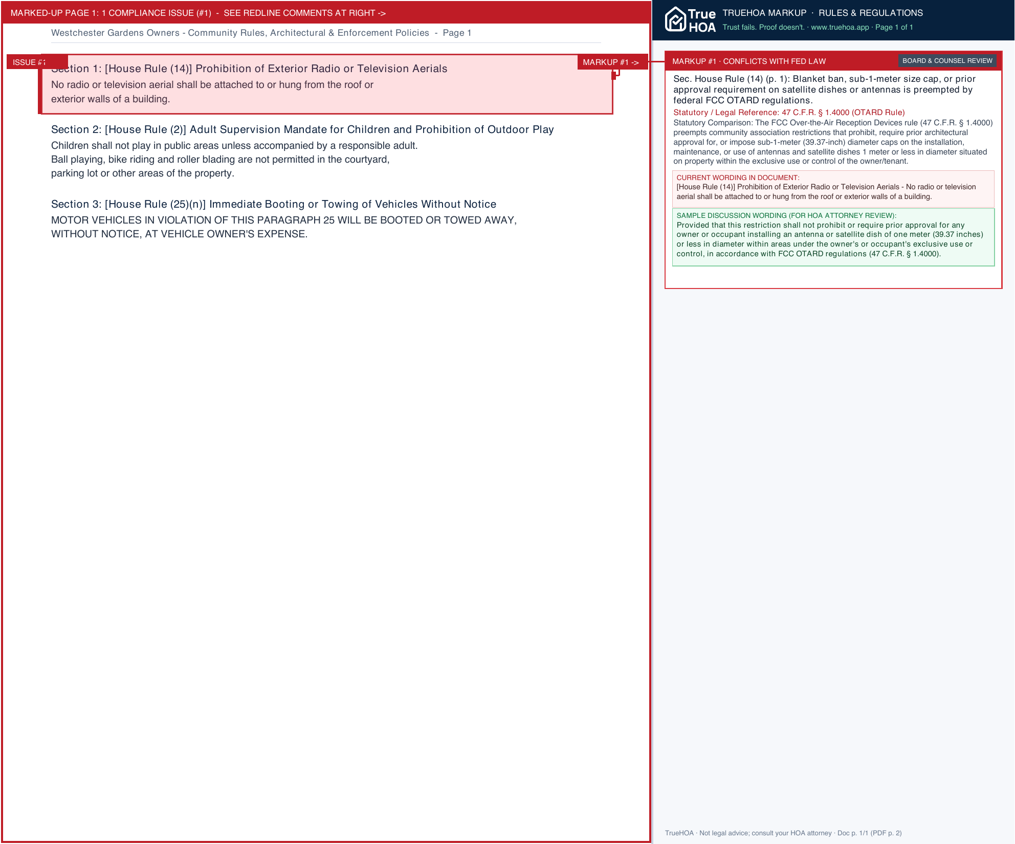 Westchester Gardens Owners Community Rules, Architectural & Enforcement Policies page 1 widened with TrueHOA Crystal AI margin annotations