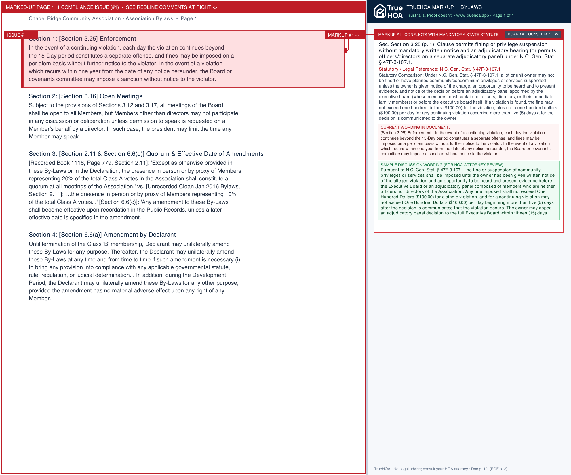 Chapel Ridge Community Association Association Bylaws page 1 widened with TrueHOA Crystal AI margin annotations