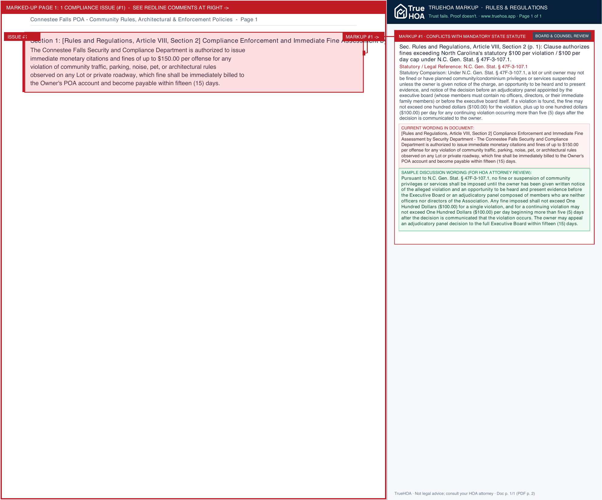 Connestee Falls POA Community Rules, Architectural & Enforcement Policies page 1 widened with TrueHOA Crystal AI margin annotations