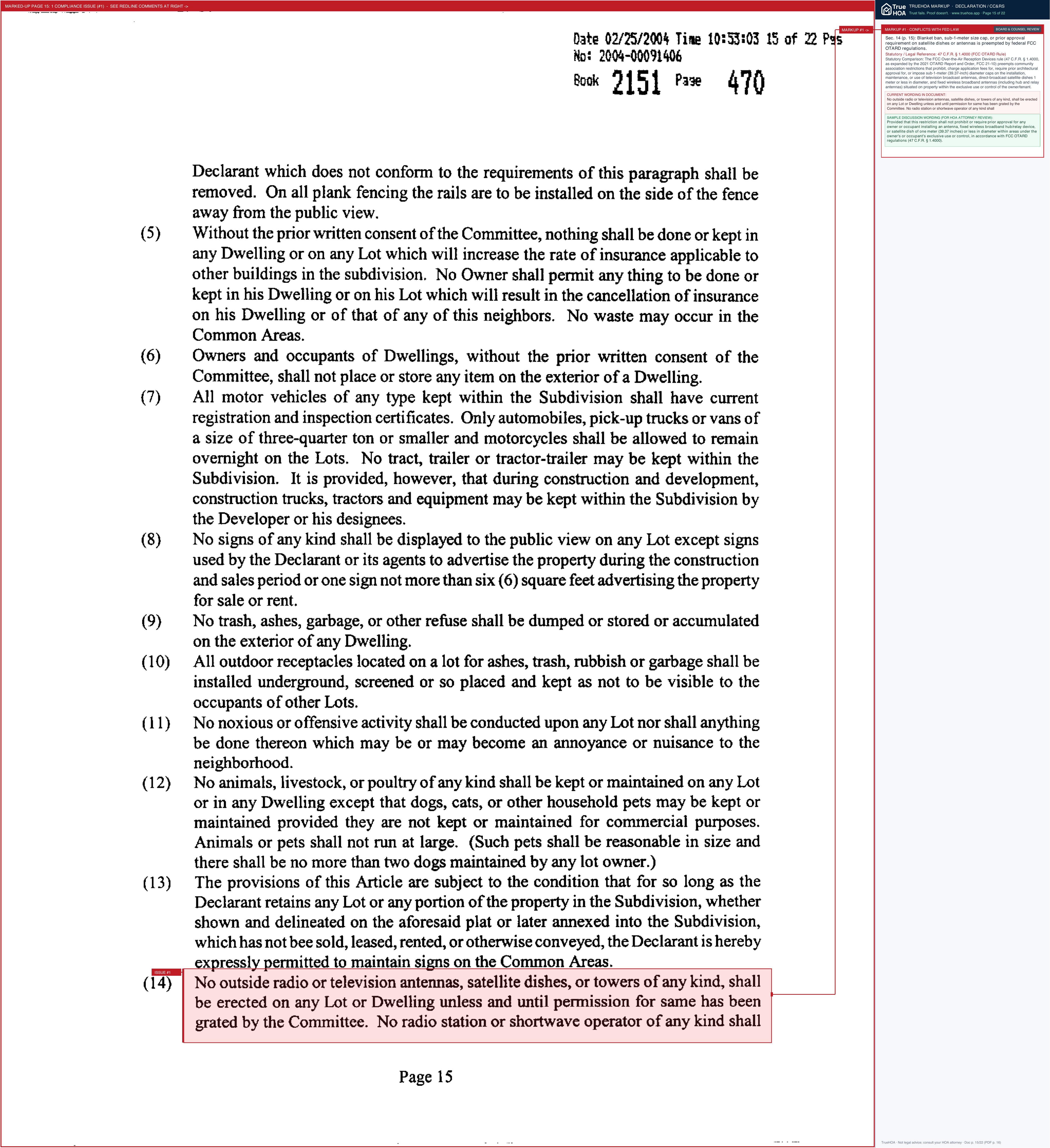 Creekside Village HOA Creekside Village Declaration Covenants Section One A page 15 widened with TrueHOA Crystal AI margin annotations