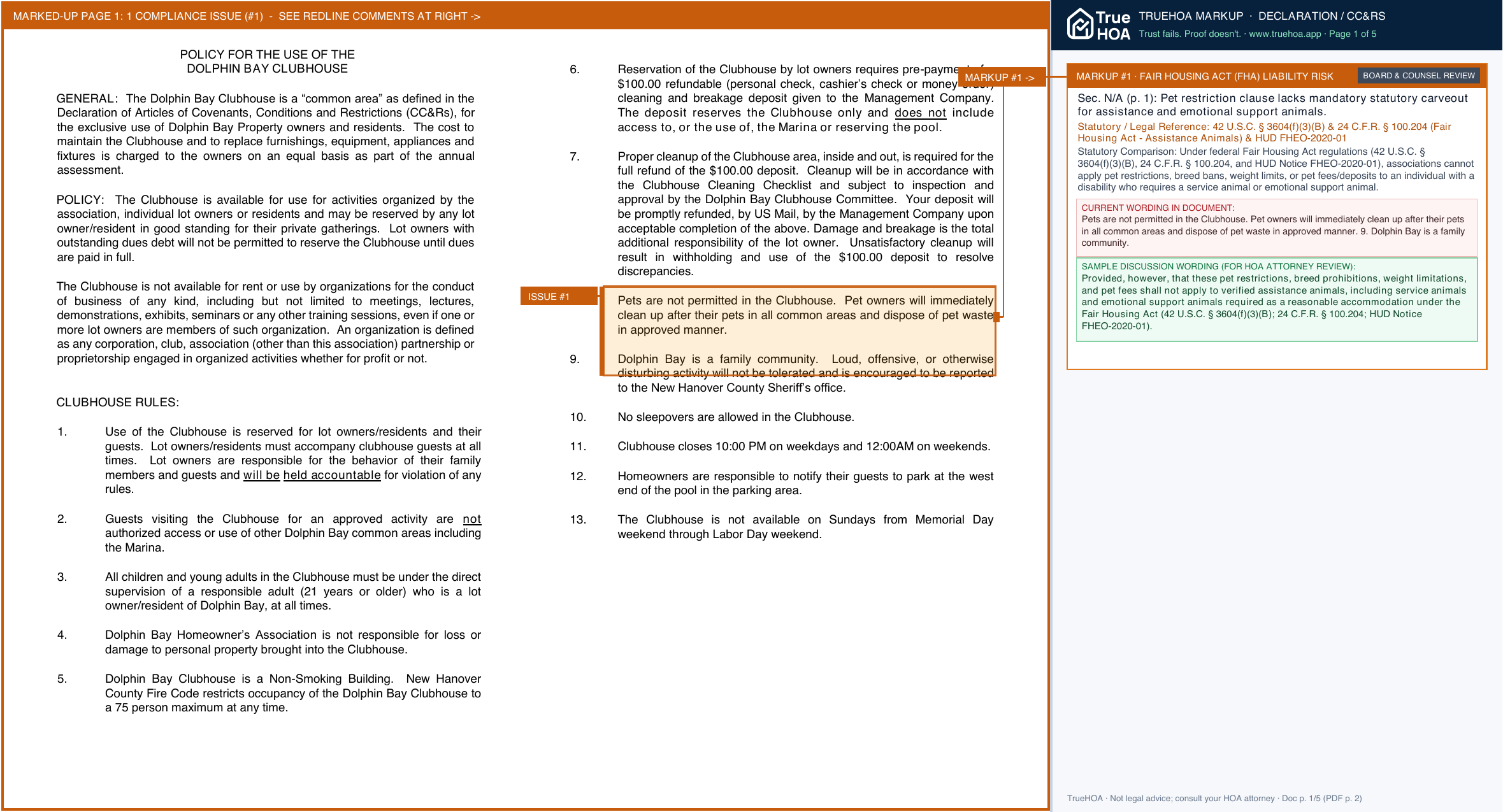 Dolphin Bay HOA Rules page 1 widened with TrueHOA Crystal AI margin annotations