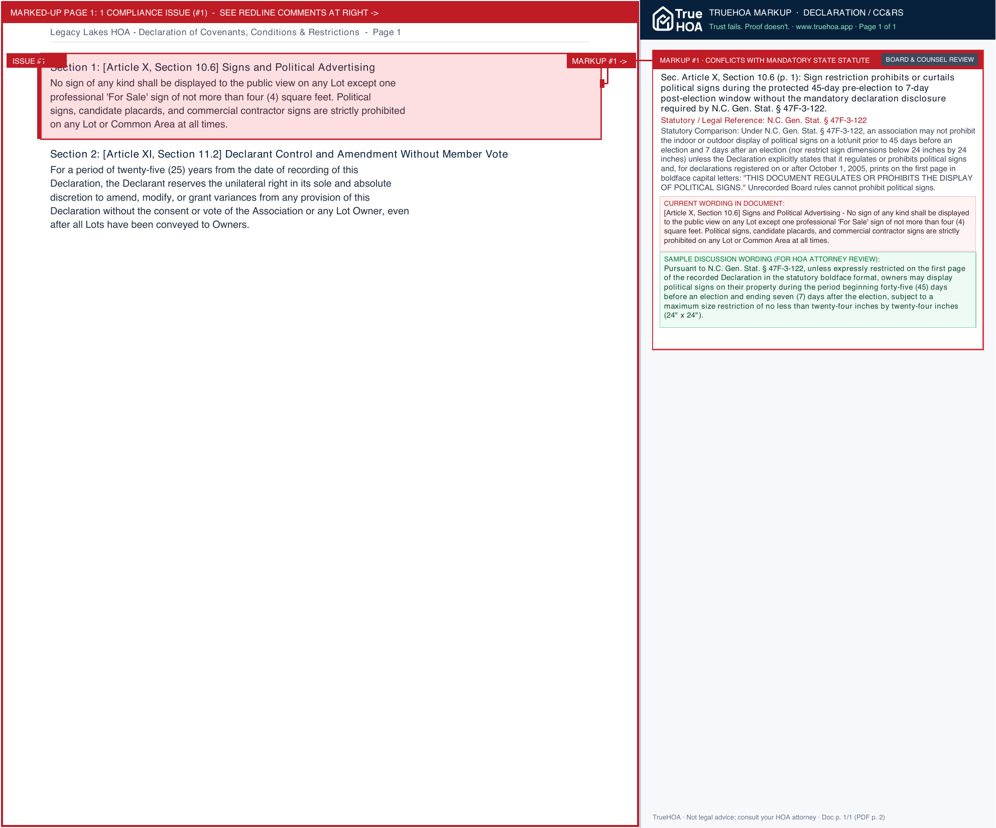 Legacy Lakes HOA Declaration of Covenants, Conditions & Restrictions page 1 widened with TrueHOA Crystal AI margin annotations