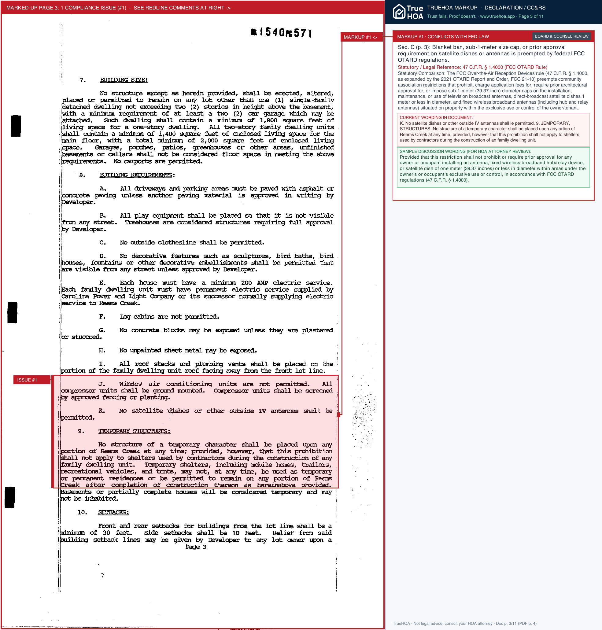 Reems Creek Golf Community HOA Covenants And Restrictions page 3 widened with TrueHOA Crystal AI margin annotations