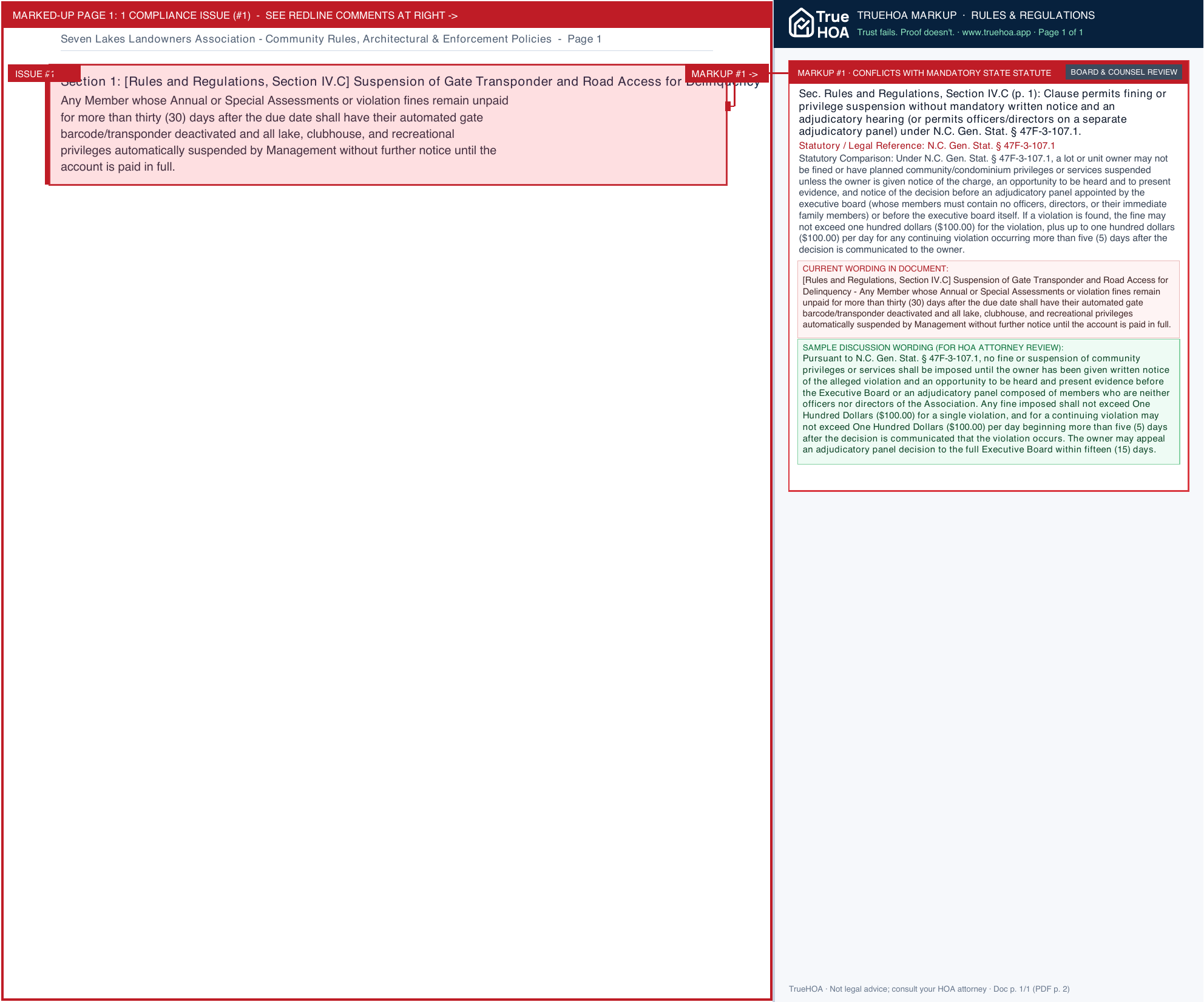 Seven Lakes Landowners Association Community Rules, Architectural & Enforcement Policies page 1 widened with TrueHOA Crystal AI margin annotations