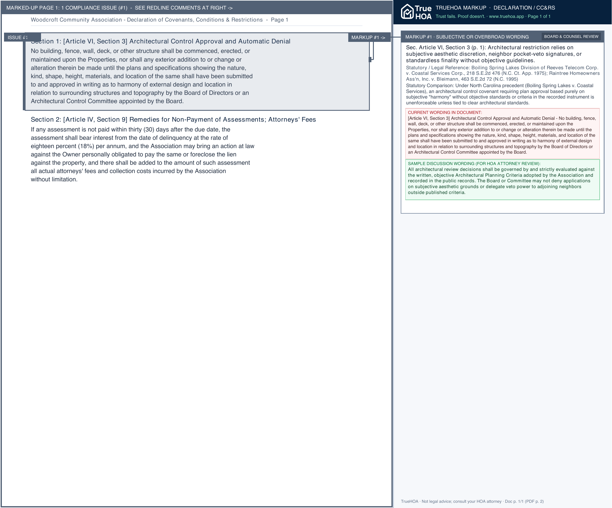 Woodcroft Community Association Declaration of Covenants, Conditions & Restrictions page 1 widened with TrueHOA Crystal AI margin annotations