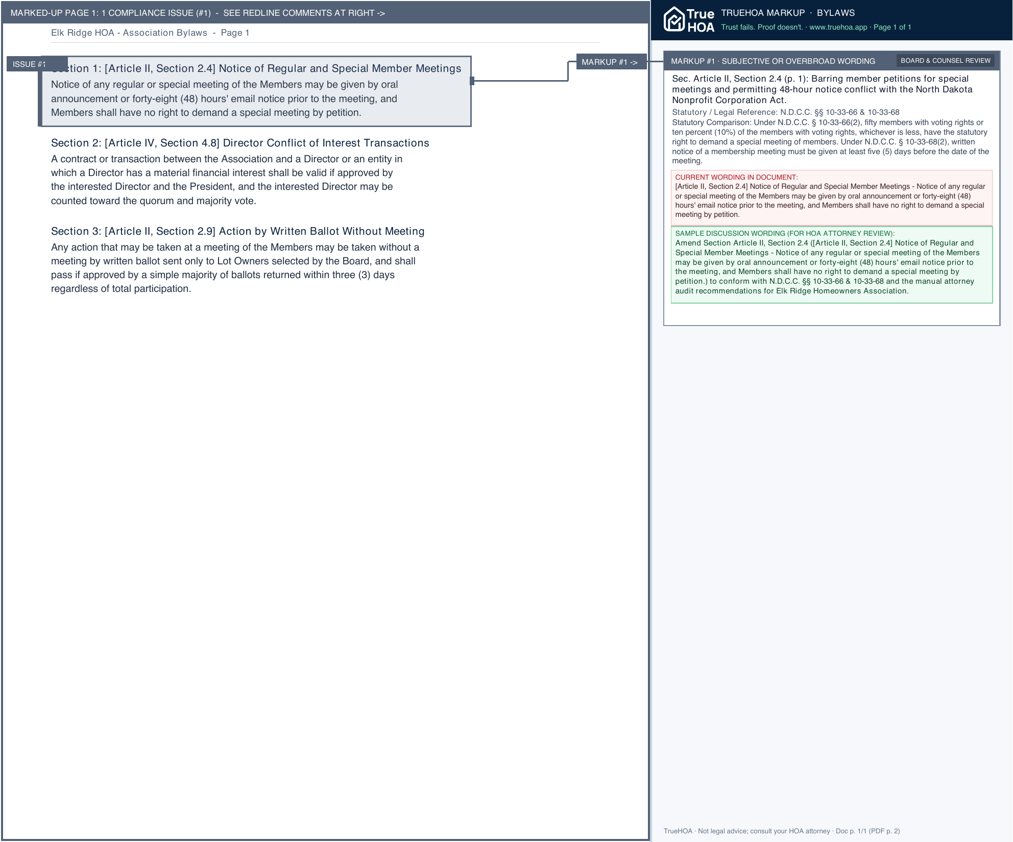 Elk Ridge HOA Association Bylaws page 1 widened with TrueHOA Crystal AI margin annotations