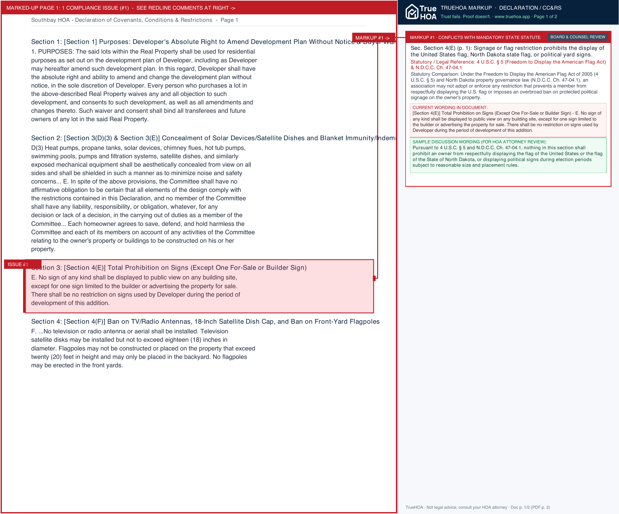 Southbay HOA Declaration of Covenants, Conditions & Restrictions page 1 widened with TrueHOA Crystal AI margin annotations