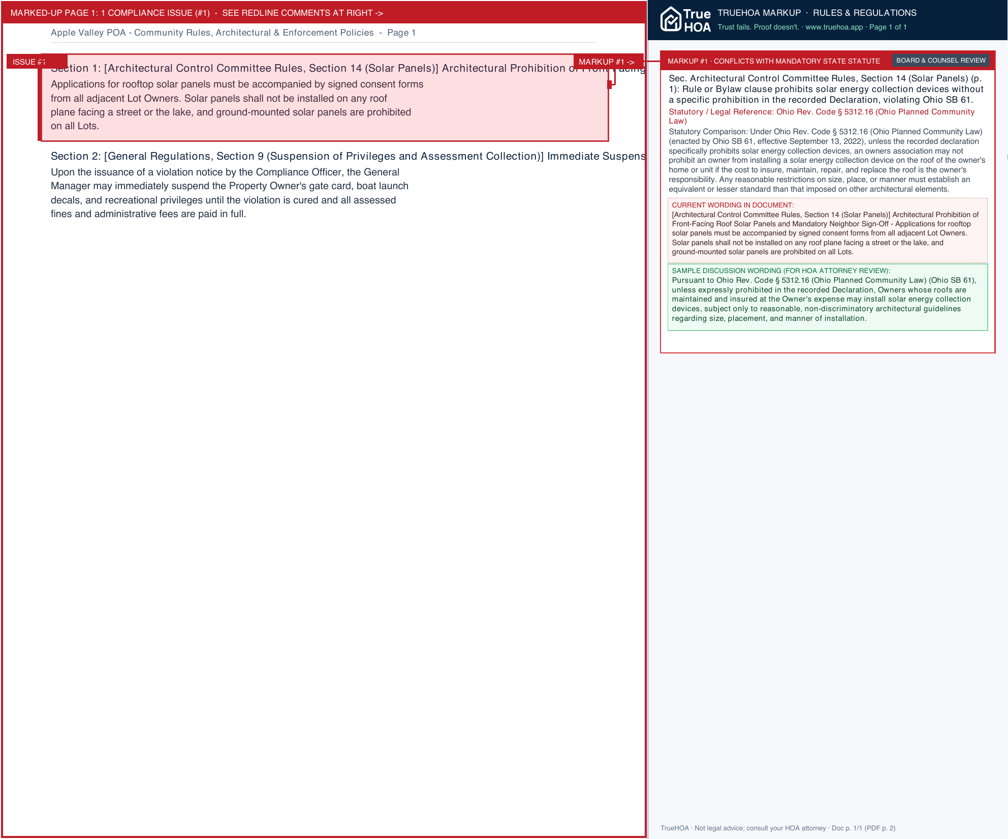 Apple Valley POA Community Rules, Architectural & Enforcement Policies page 1 widened with TrueHOA Crystal AI margin annotations