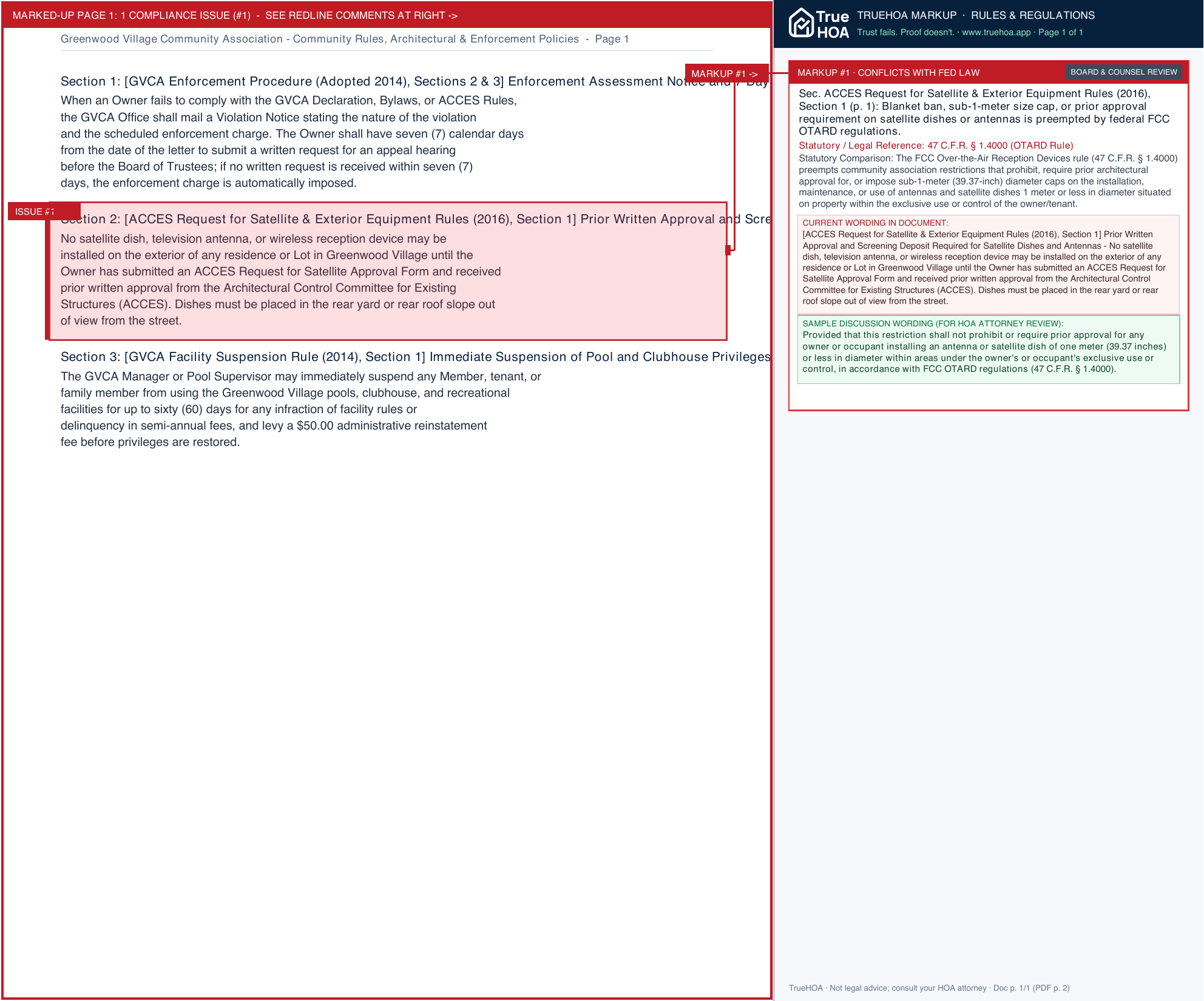 Greenwood Village Community Association Community Rules, Architectural & Enforcement Policies page 1 widened with TrueHOA Crystal AI margin annotations