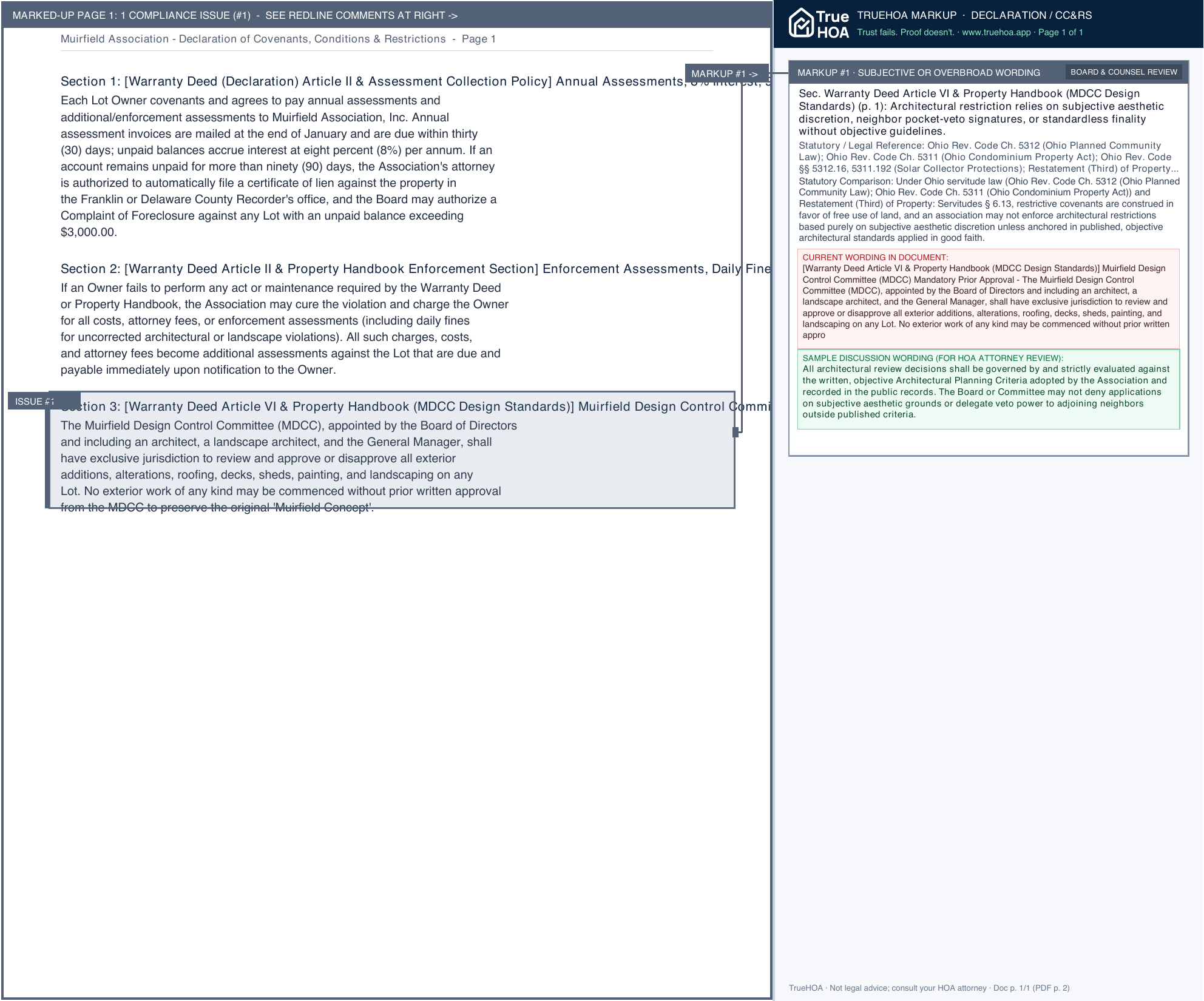 Muirfield Association Declaration of Covenants, Conditions & Restrictions page 1 widened with TrueHOA Crystal AI margin annotations