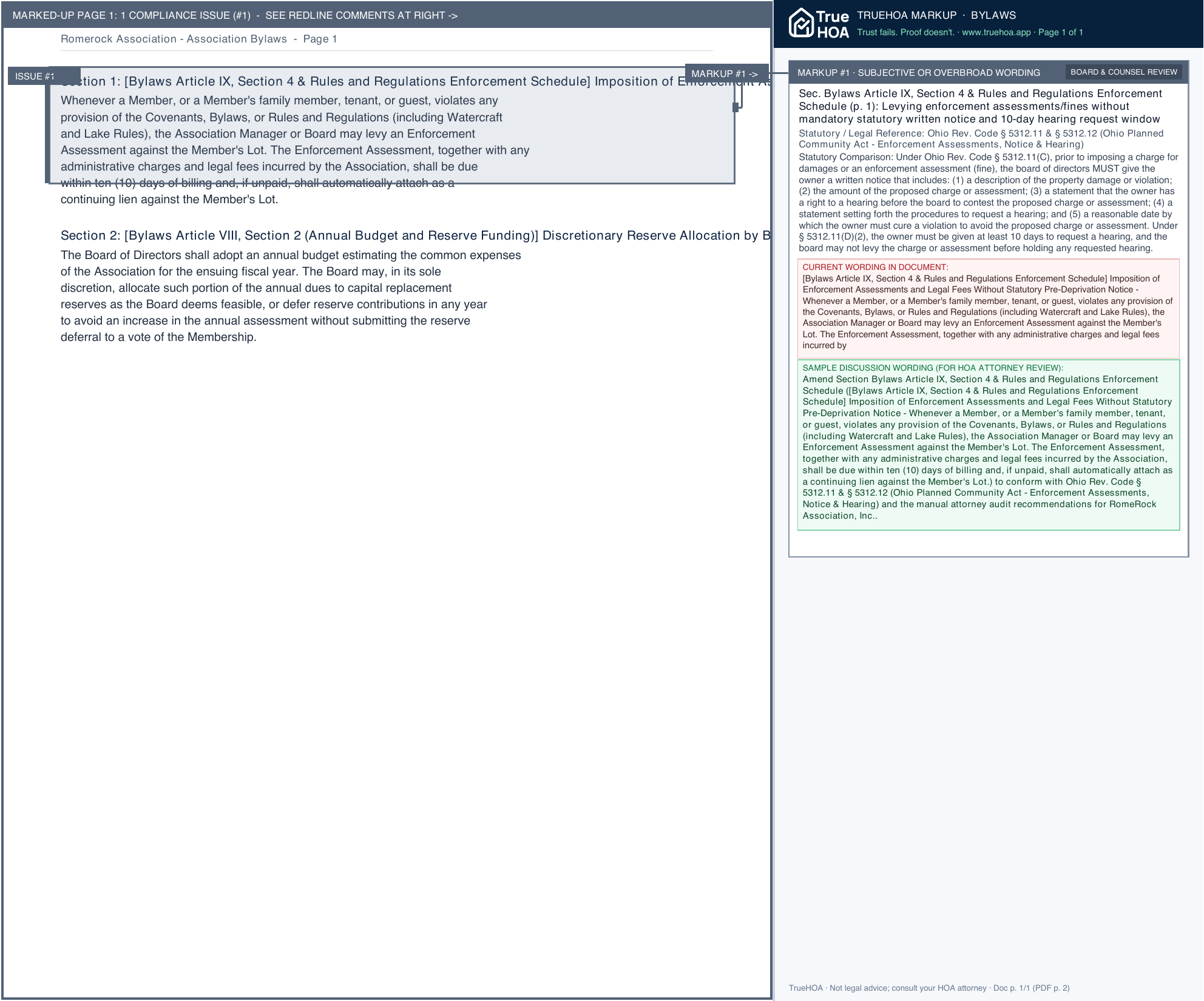 Romerock Association Association Bylaws page 1 widened with TrueHOA Crystal AI margin annotations