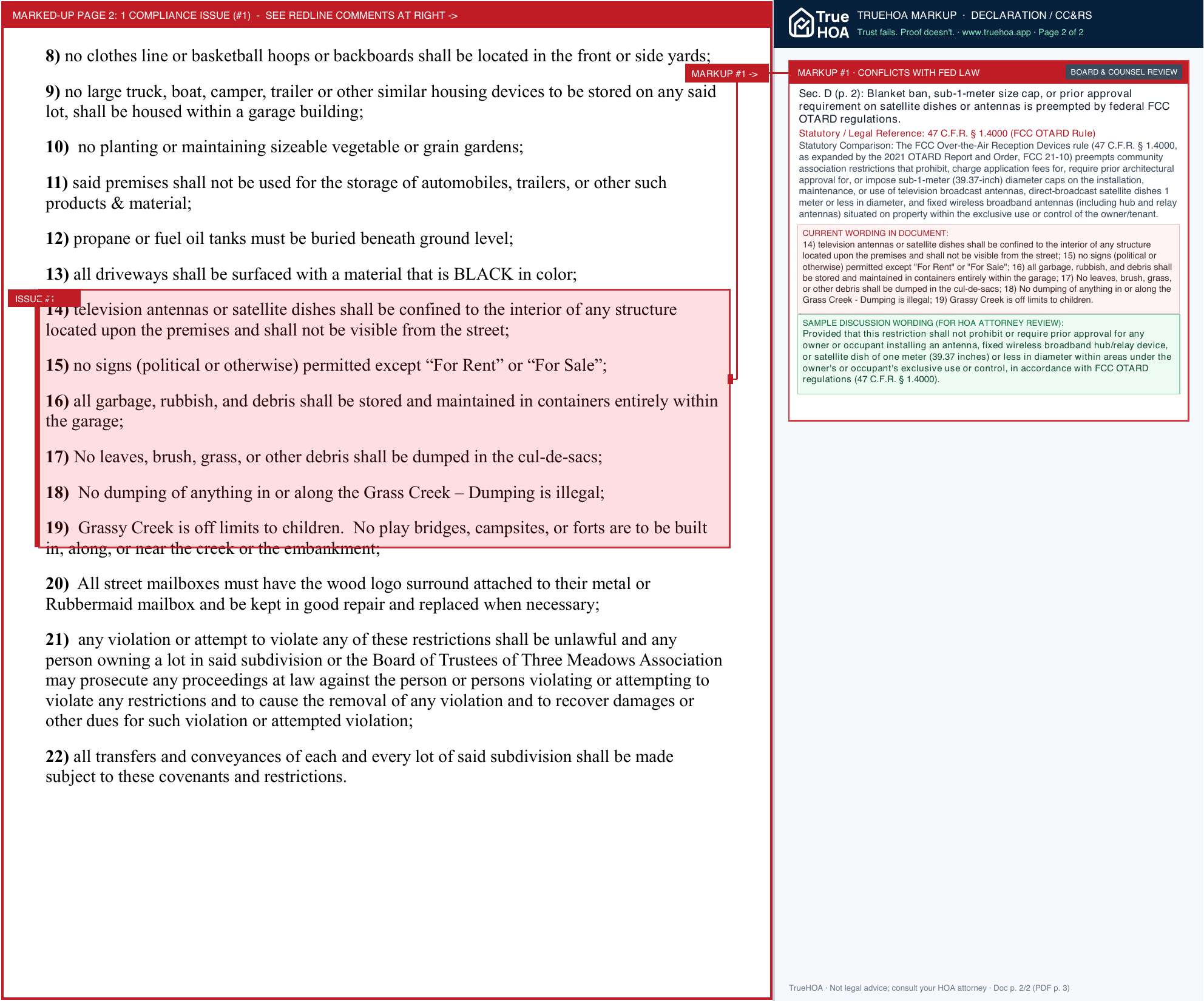 Three Meadows HOA Deed full Restrictions page 2 widened with TrueHOA Crystal AI margin annotations