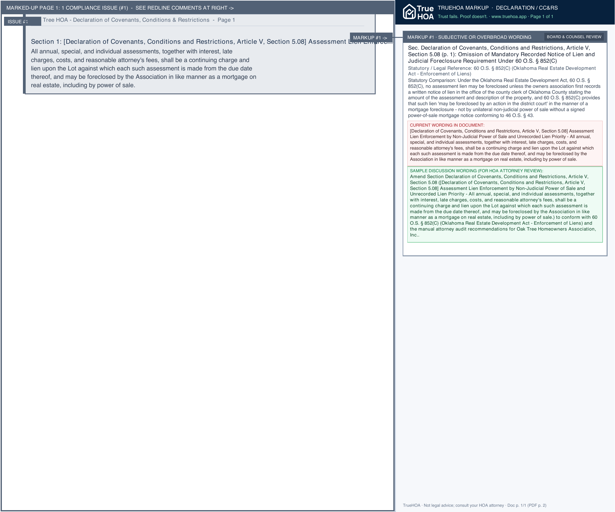 Oak Tree HOA Declaration of Covenants, Conditions & Restrictions page 1 widened with TrueHOA Crystal AI margin annotations