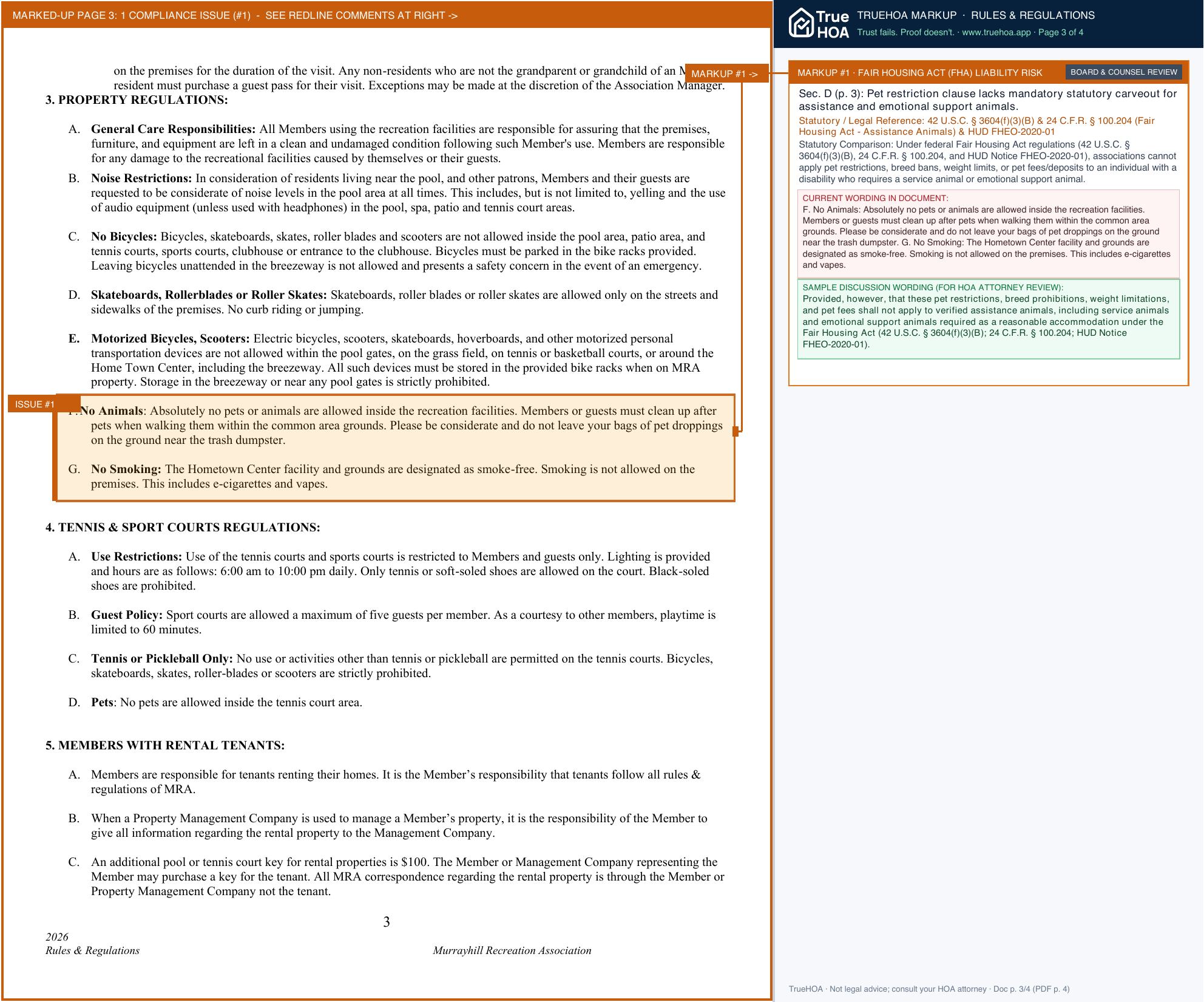 Murrayhill Recreation Association 2026 MRA Rules Regulations page 3 widened with TrueHOA Crystal AI margin annotations