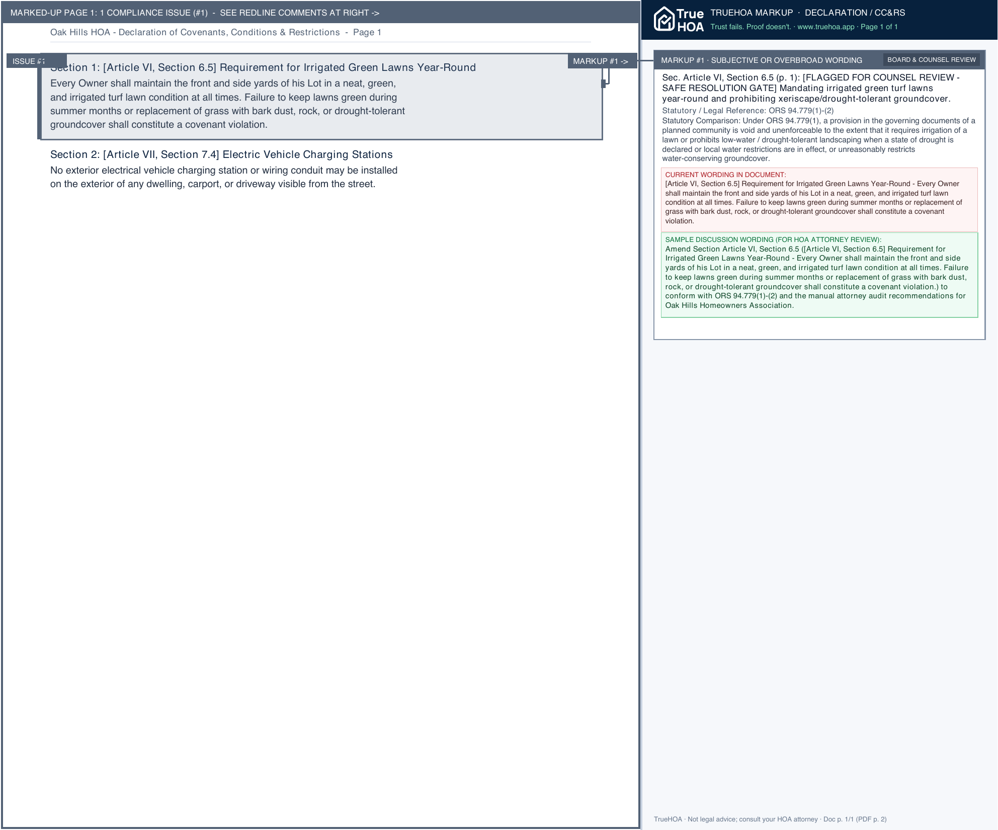 Oak Hills HOA Declaration of Covenants, Conditions & Restrictions page 1 widened with TrueHOA Crystal AI margin annotations