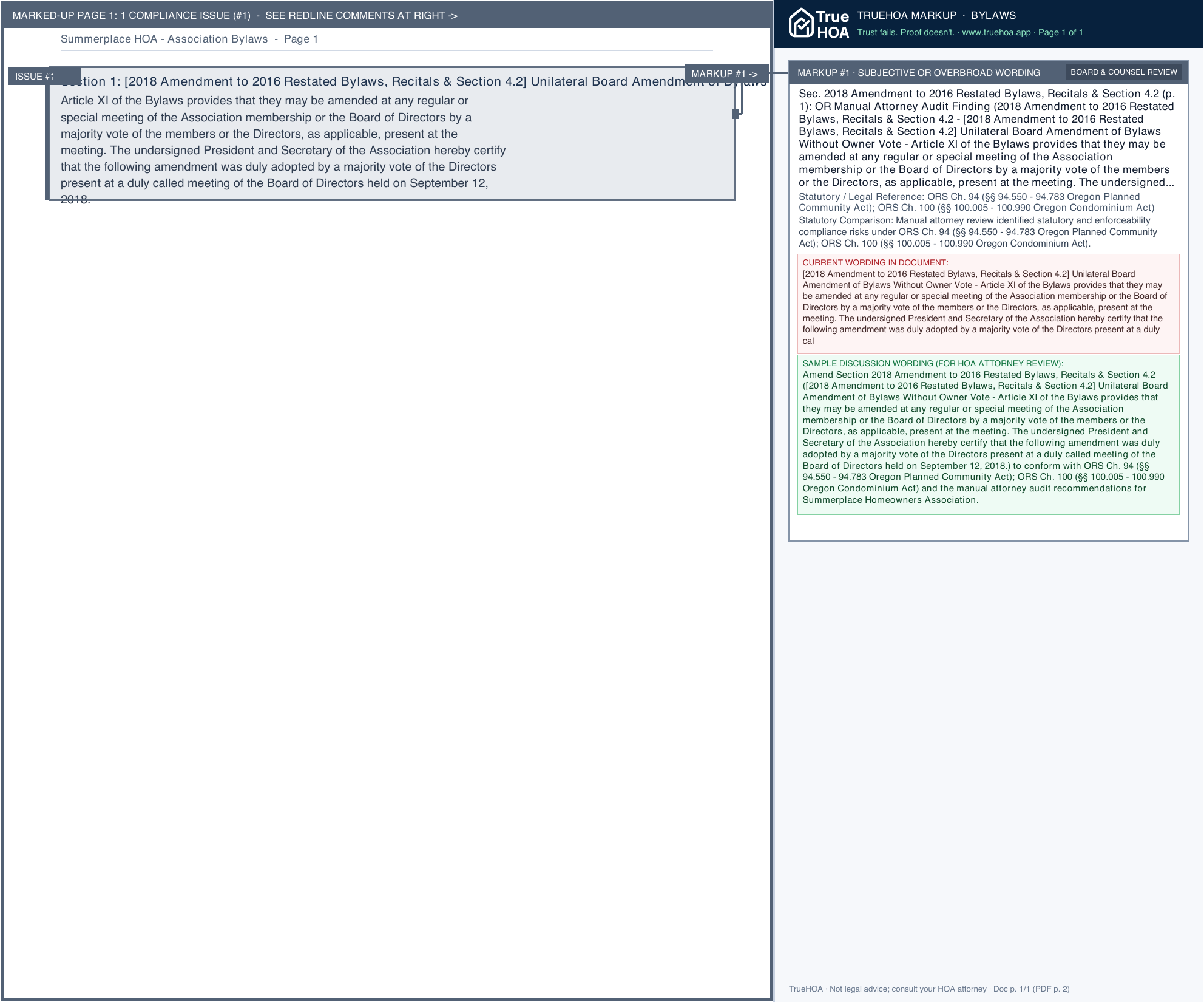 Summerplace HOA Association Bylaws page 1 widened with TrueHOA Crystal AI margin annotations