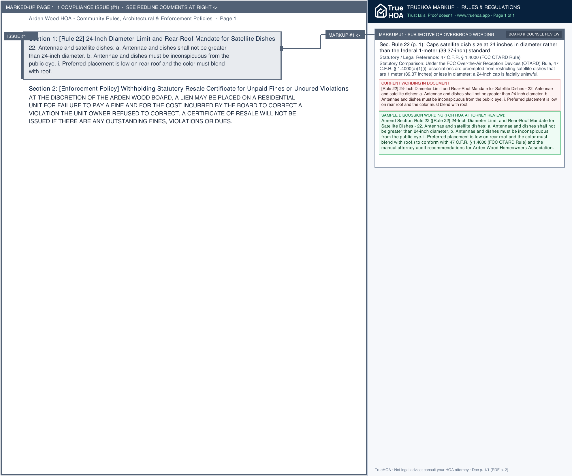 Arden Wood HOA Community Rules, Architectural & Enforcement Policies page 1 widened with TrueHOA Crystal AI margin annotations