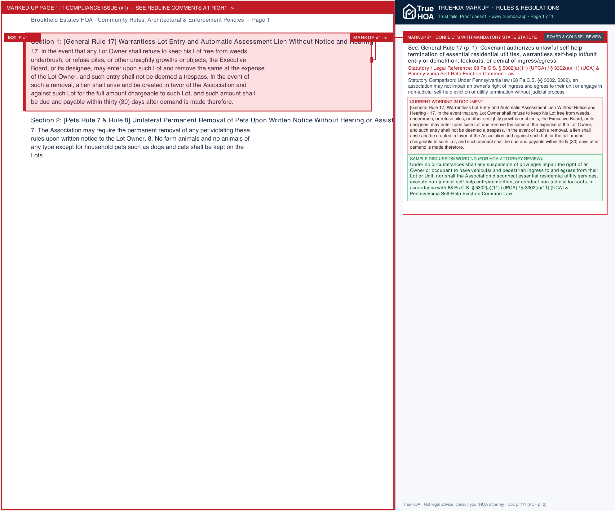Brookfield Estates HOA Community Rules, Architectural & Enforcement Policies page 1 widened with TrueHOA Crystal AI margin annotations