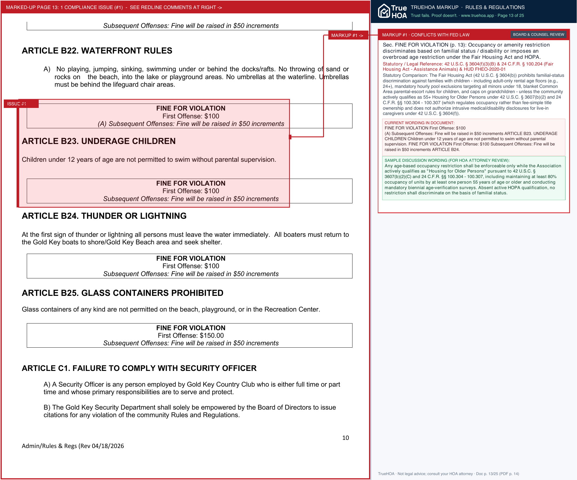 Gold Key Country Club POA RULES REGULATIONS REVISED 04 18 2026 1 page 13 widened with TrueHOA Crystal AI margin annotations