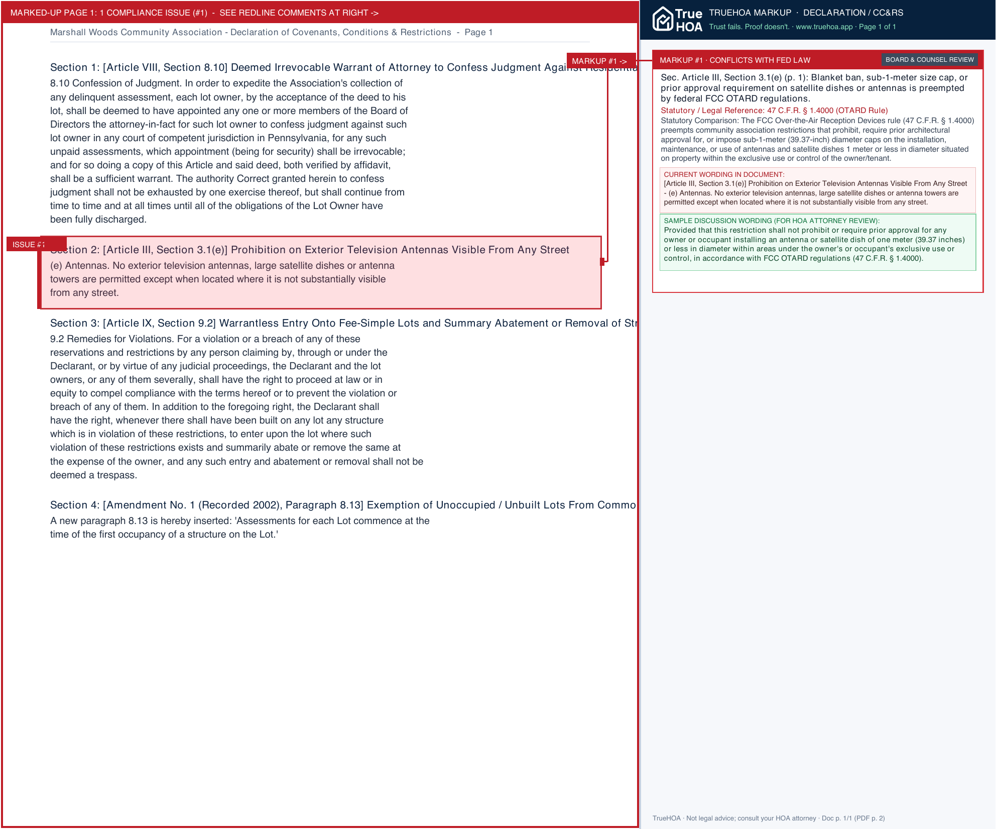 Marshall Woods Community Association Declaration of Covenants, Conditions & Restrictions page 1 widened with TrueHOA Crystal AI margin annotations