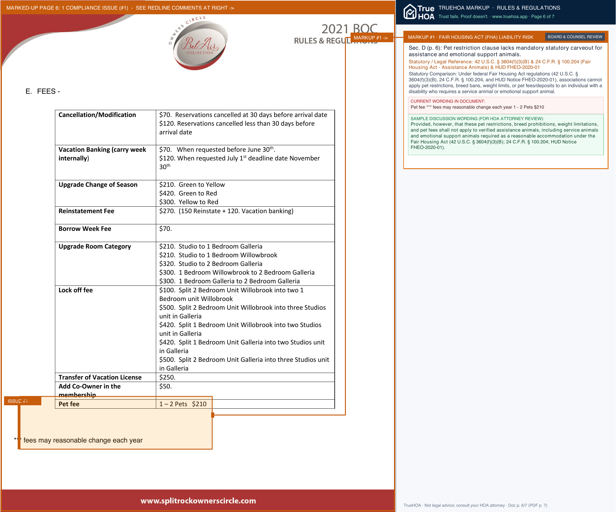 Split Rock Owners Circle Club Regulations page 6 widened with TrueHOA Crystal AI margin annotations