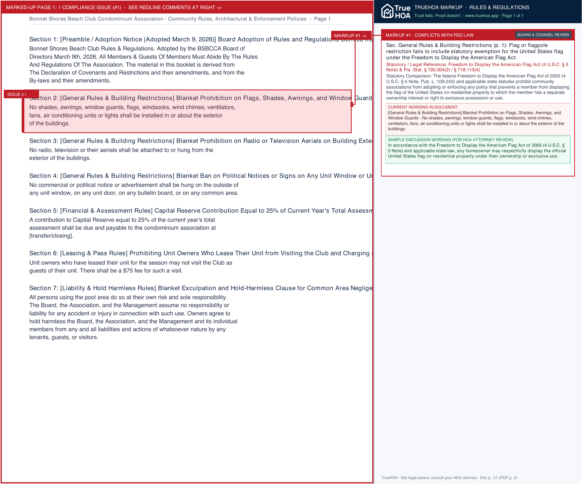Bonnet Shores Beach Club Condominium Association Community Rules, Architectural & Enforcement Policies page 1 widened with TrueHOA Crystal AI margin annotations