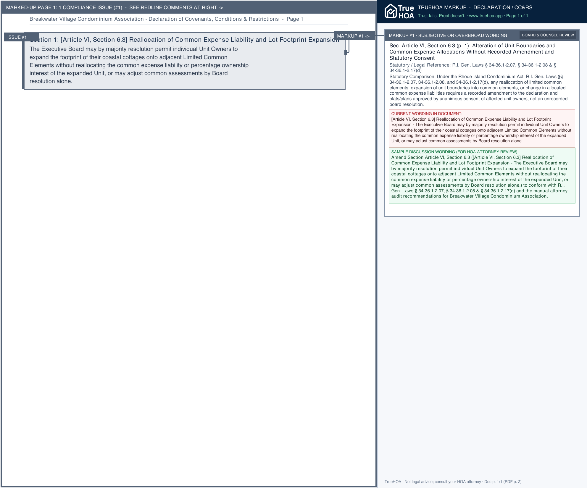 Breakwater Village Condominium Association Declaration of Covenants, Conditions & Restrictions page 1 widened with TrueHOA Crystal AI margin annotations