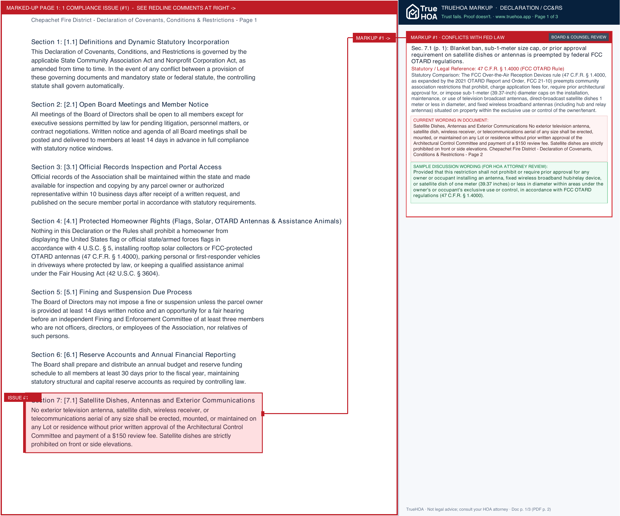 Chepachet Fire District Declaration of Covenants, Conditions & Restrictions page 1 widened with TrueHOA Crystal AI margin annotations